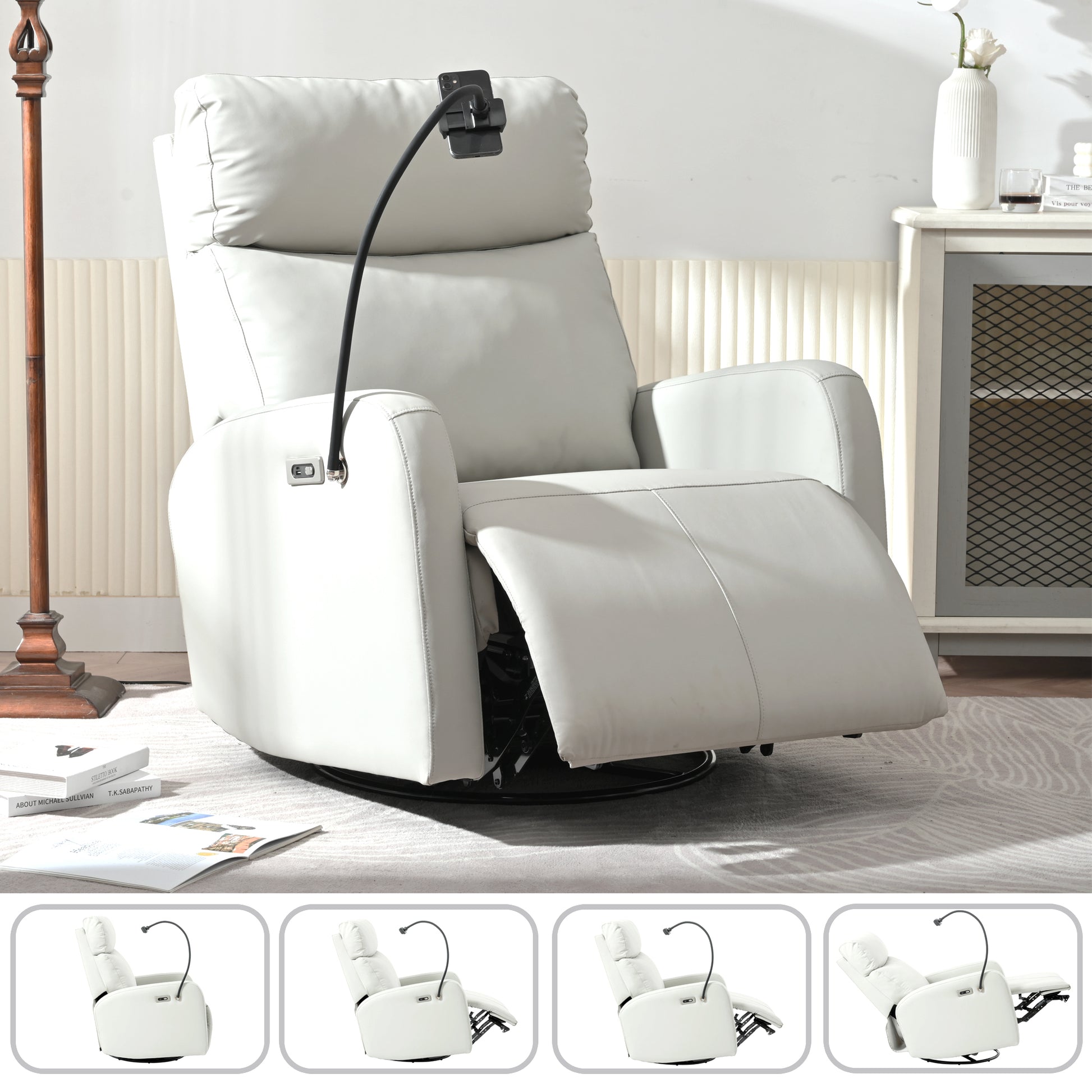 270 Power Swivel Rocker Recliner Chair, Electric Glider Reclining Sofa With Usb Ports, Power Swivel Glider, Rocking Chair Nursery Recliners For Living Room Bedroom Light Gray Solid Light Brown Primary Living Space Push Button Rubberwood Solid Back Wood