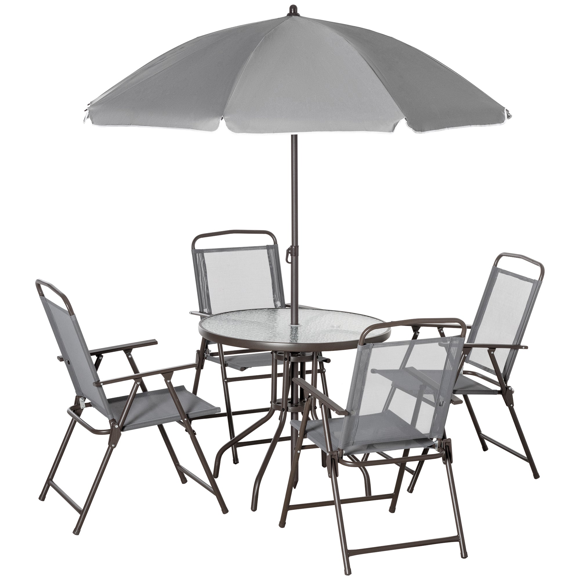 Outsunny 6 Piece Patio Dining Set For 4 With Umbrella, Outdoor Table And Chairs With 4 Folding Dining Chairs & Round Glass Table For Garden, Backyard And Poolside, Gray Gray Steel