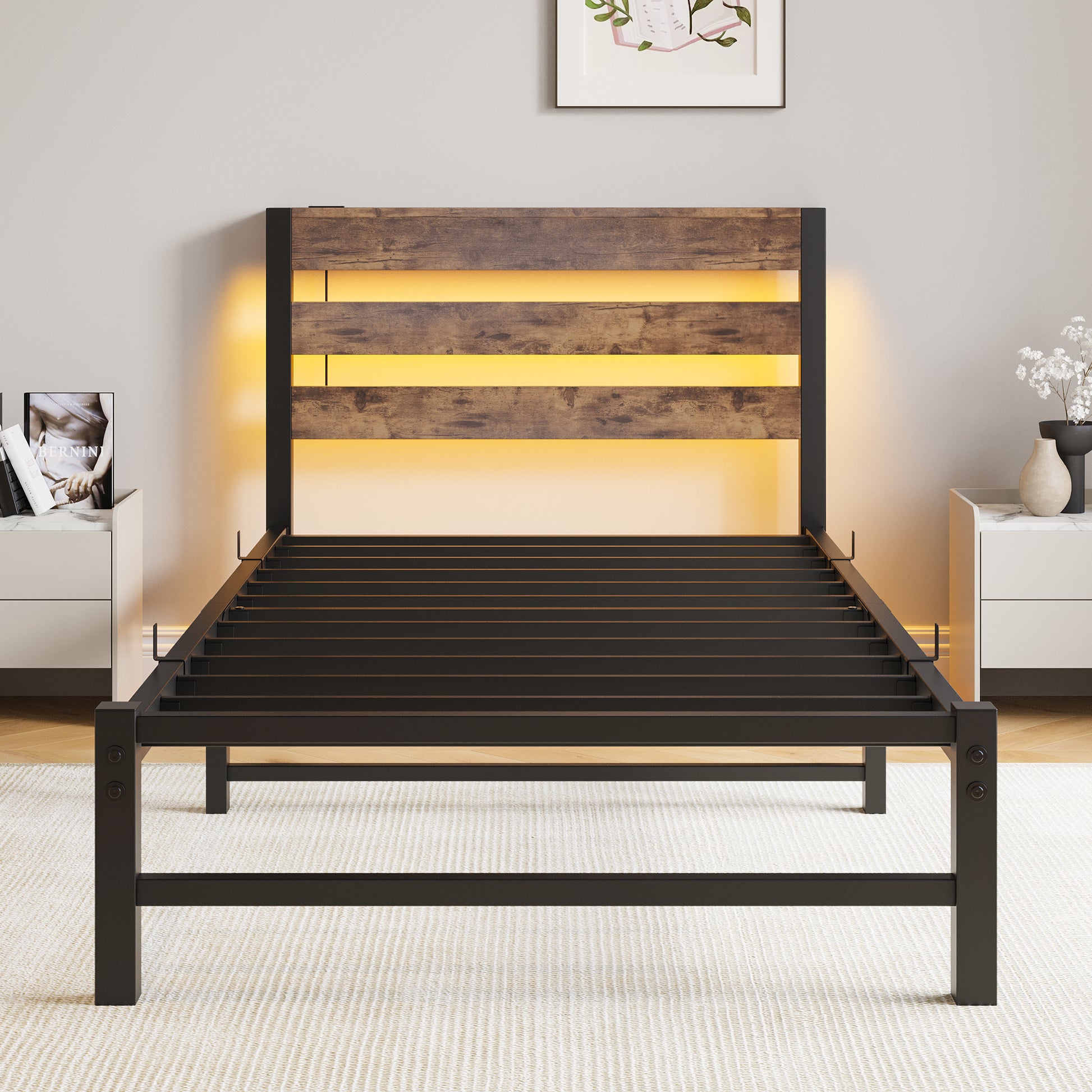 Twin Size Bed Frame Heavy Duty Platform Bed Frame With Headboard, Usb Charging Station, Led Bed, No Box Spring Needed, Mattress Foundation, Strong Steel Slats, Noise Free, Brown Box Spring Not Required Twin Beige Brown Metal Brown Bedroom