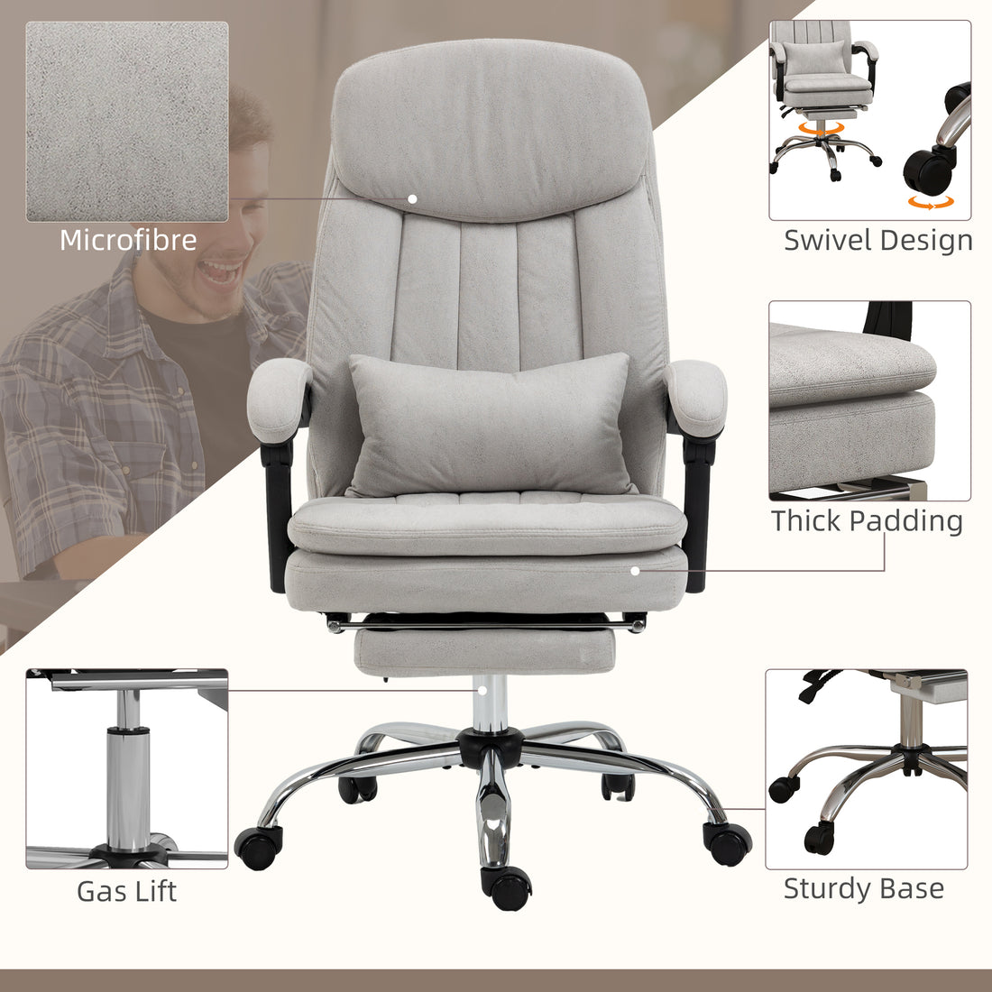 Vinsetto Microfibre Executive Massage Office Chair, Swivel Computer Desk Chair, Heated Reclining Computer Chair With Lumbar Support Pillow, Light Gray Light Grey Polyester