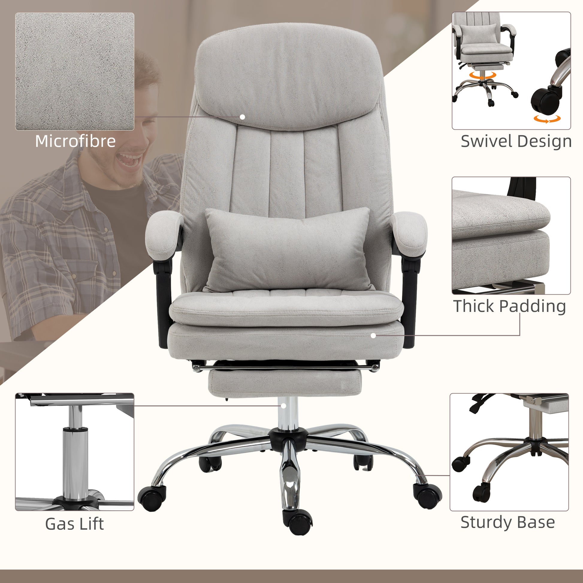 Vinsetto Microfibre Executive Massage Office Chair, Swivel Computer Desk Chair, Heated Reclining Computer Chair With Lumbar Support Pillow, Light Gray Light Grey Polyester