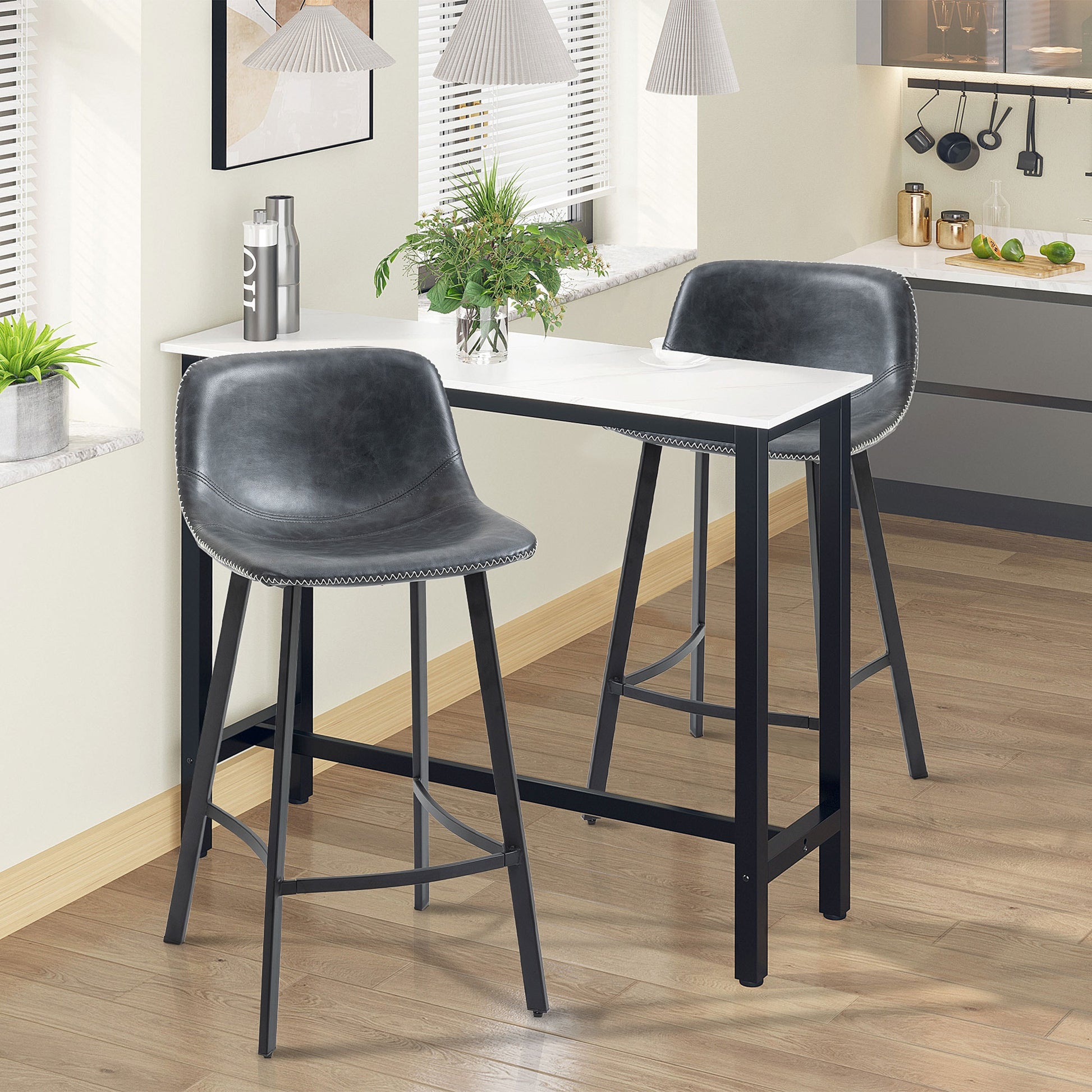 Homcom 27.25" Counter Height Bar Stools, Industrial Kitchen Stools, Upholstered Armless Bar Chairs With Back, Steel Legs, Set Of 2, Black Black Steel