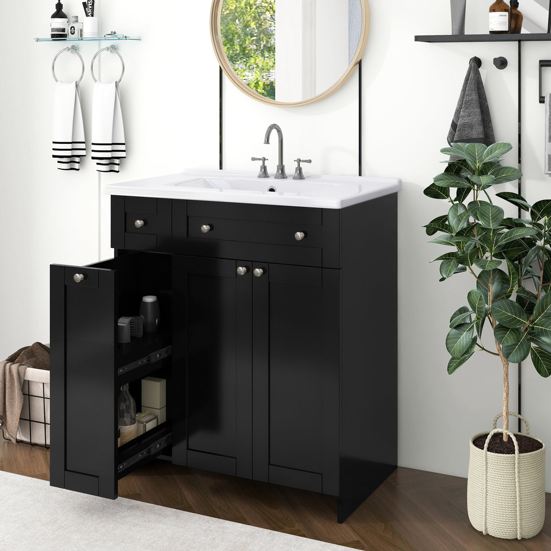 30 Inch Black Bathroom Vanity With Ceramic Sink Combo, Abundant Storage Cabinet 2 Soft Close Doors And Double Tier Deep Drawer Black Bathroom Mdf