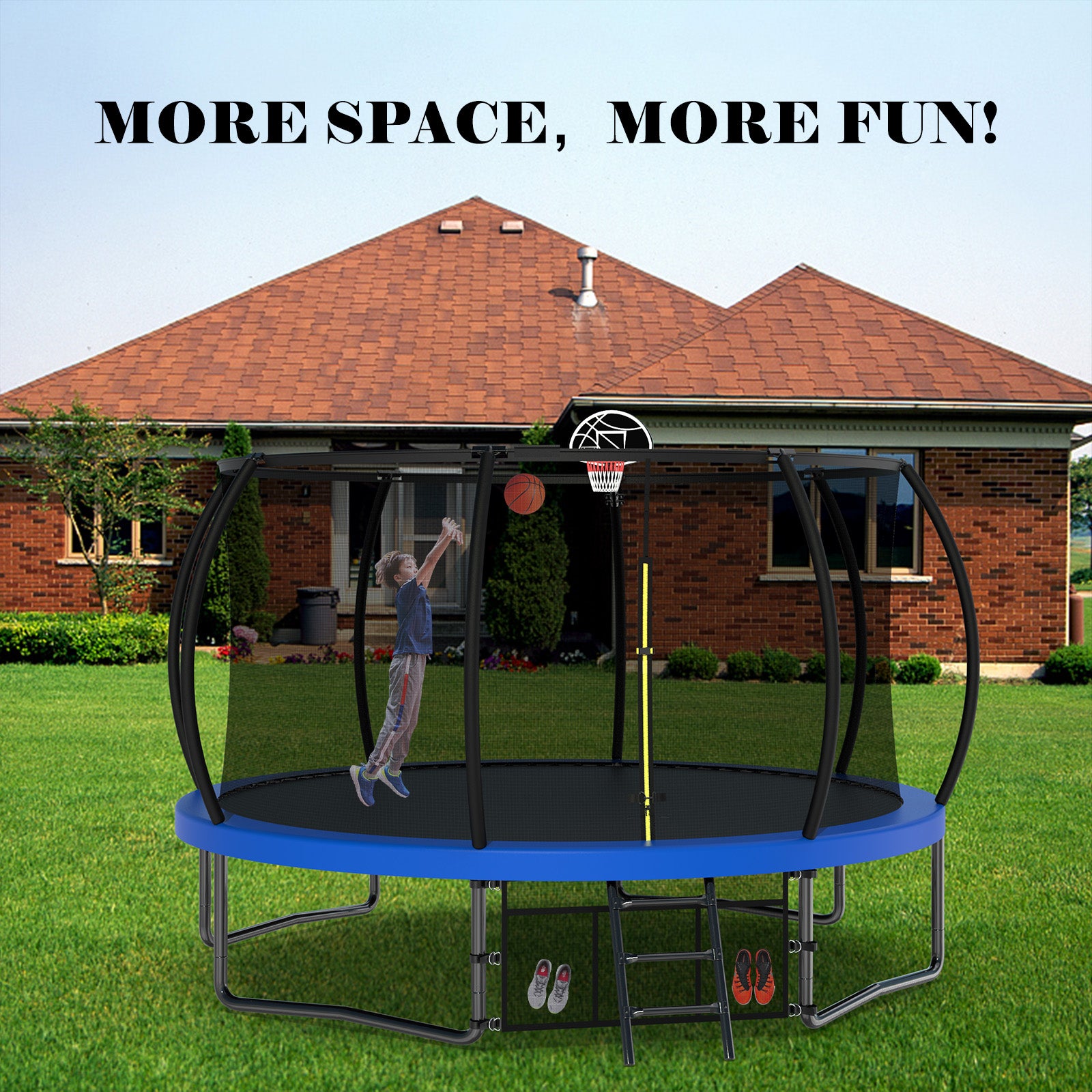 12Ft Recreational Kids Trampoline With Safety Enclosure Net & Ladder, Outdoor Recreational Trampolines Blue Steel