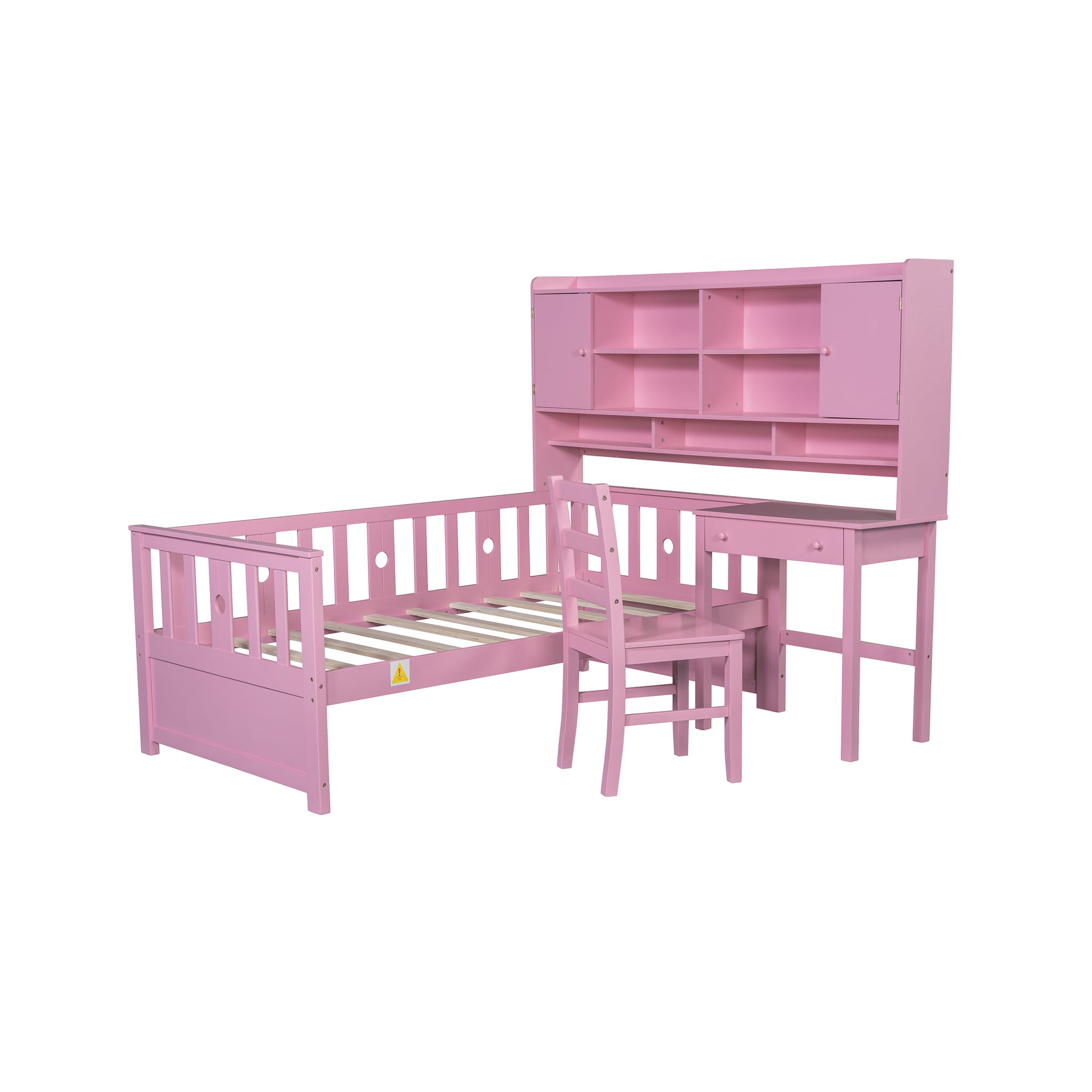 Twin Size Multifunctional Wood Platform Bed With Bookshelf At The Head Of The Bed, Built In Desk And Matching Chair, Pink Twin Pink Wood