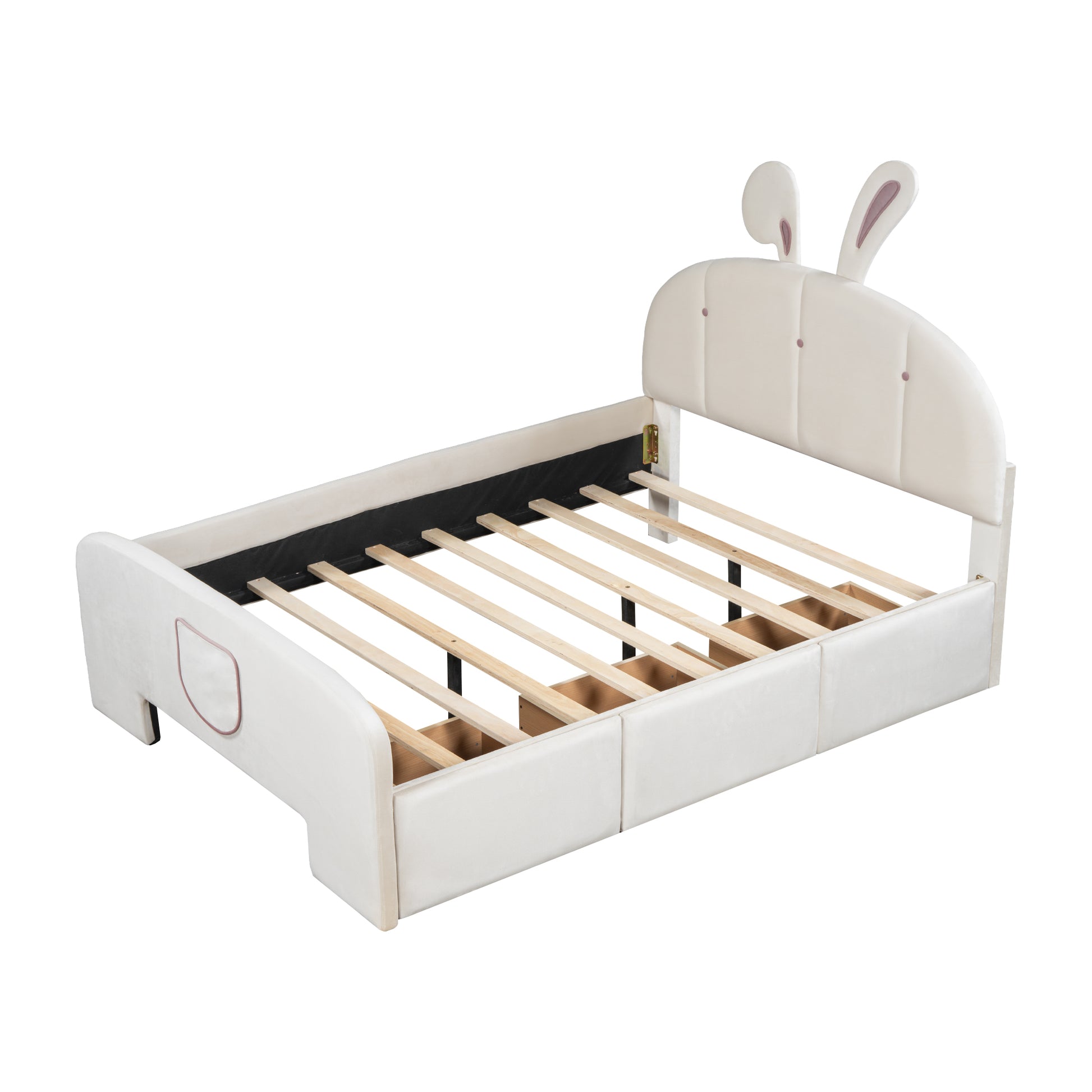 Full Size Velvet Platform Bed With Rabbit Shaped Headboard, With Drawers, With Bed End Storage Pocket, Beige Full Beige Plywood
