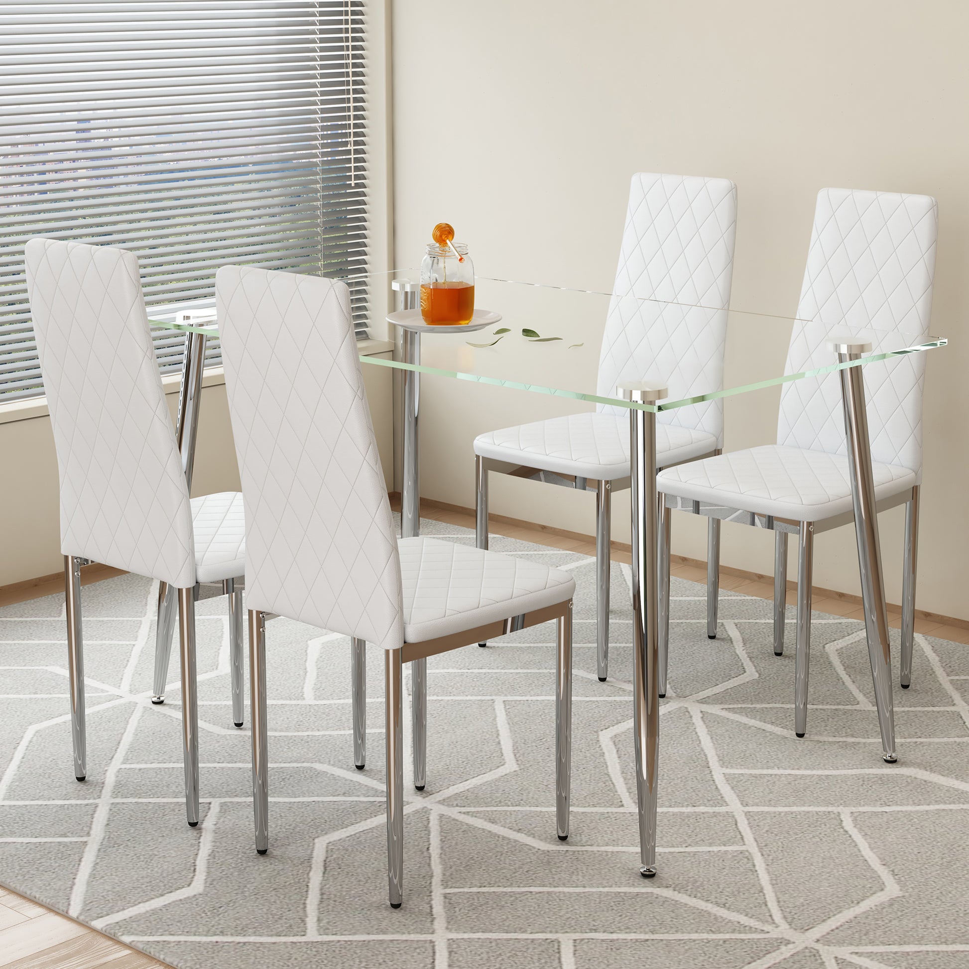 Table And Chair Set.Rectangular Dining Table With Tempered Glass Tabletop And Silver Plating Metal Legs.Paired With 4 Checkered Armless High Back White Chairs With Electroplated Metal Legs. White Seats 4 Glass Metal