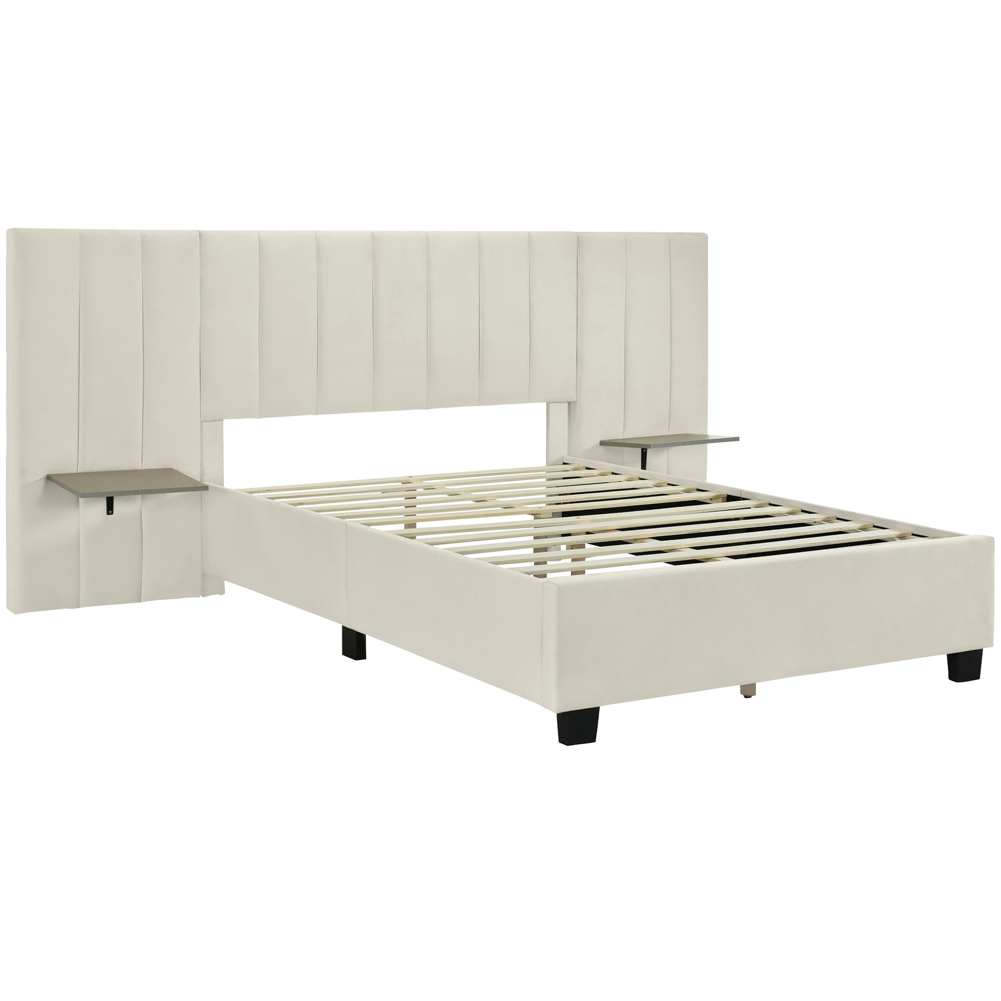 Full Size Upholstered Platform Bed With Big Headboard, Bedroom Furniture, Velvet, Beige Full Beige Plywood