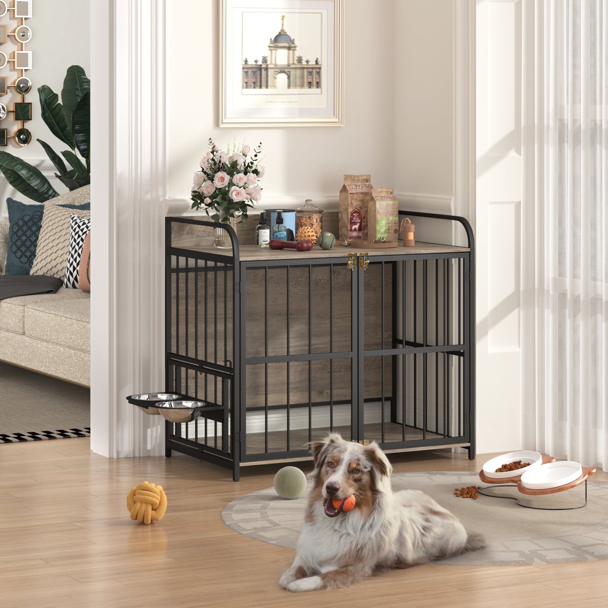 39'' Indoor Metal Dog Crate With Double Doors, Wooden Side End Table Crate, Dog Crate Furniture With Adjustable Feeder Stand, For Medium Dog, Gray Gray Dog Engineered Wood