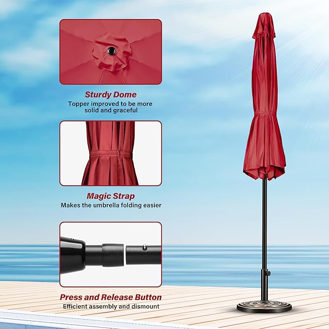 10Ft Outdoor Market Patio Umbrella With 8 Sturdy Ribs, Tilt Crank Push Button For Garden, Deck, Backyard And Pool Red Stainless Steel