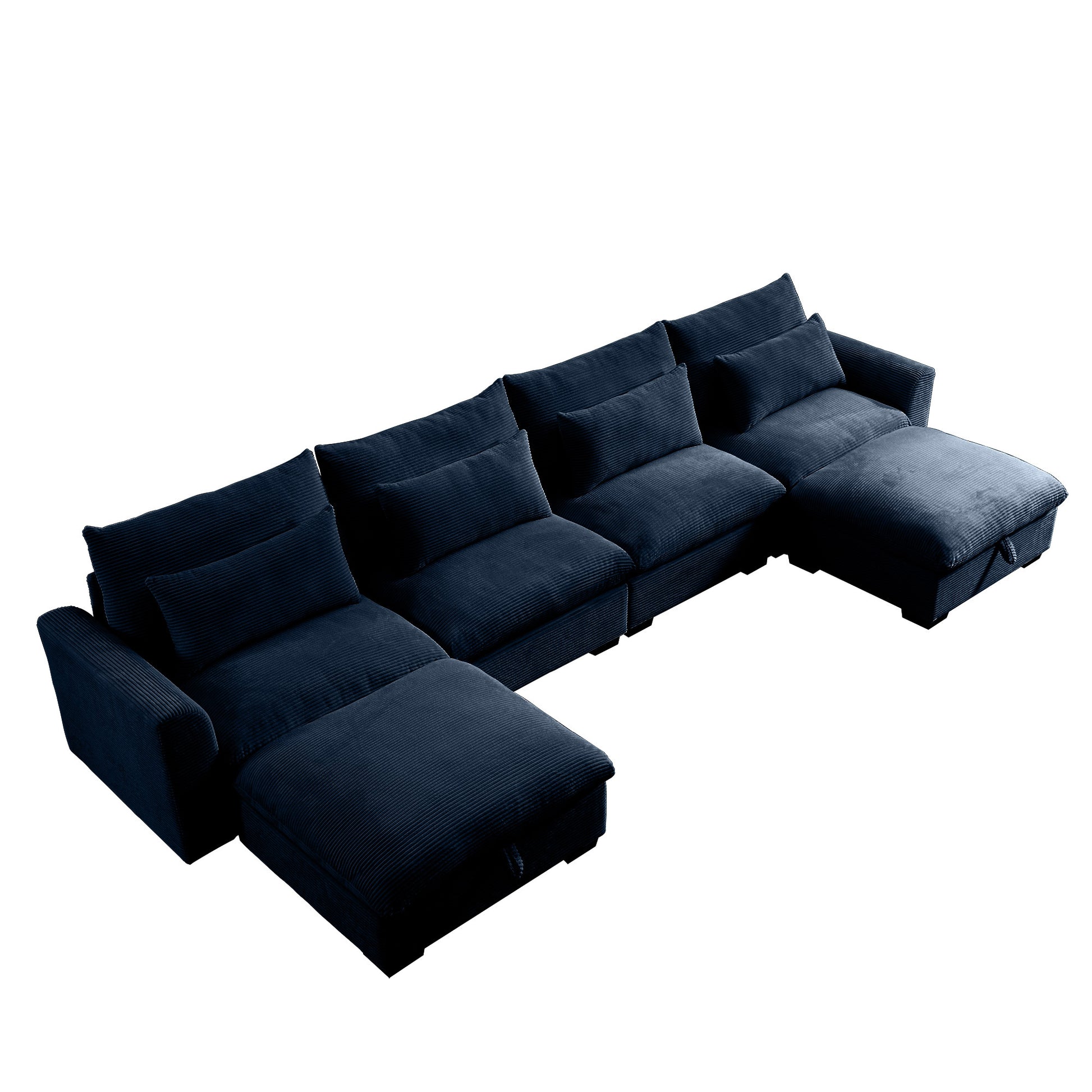 Big Deep Seat U Shaped Corduroy Sectional Couches For Living Room, 4 Seater Sofa Couch With 2 Storage Footstool And 4 Waist Pillows Corduroy, Blue Blue Corduroy 4 Seat