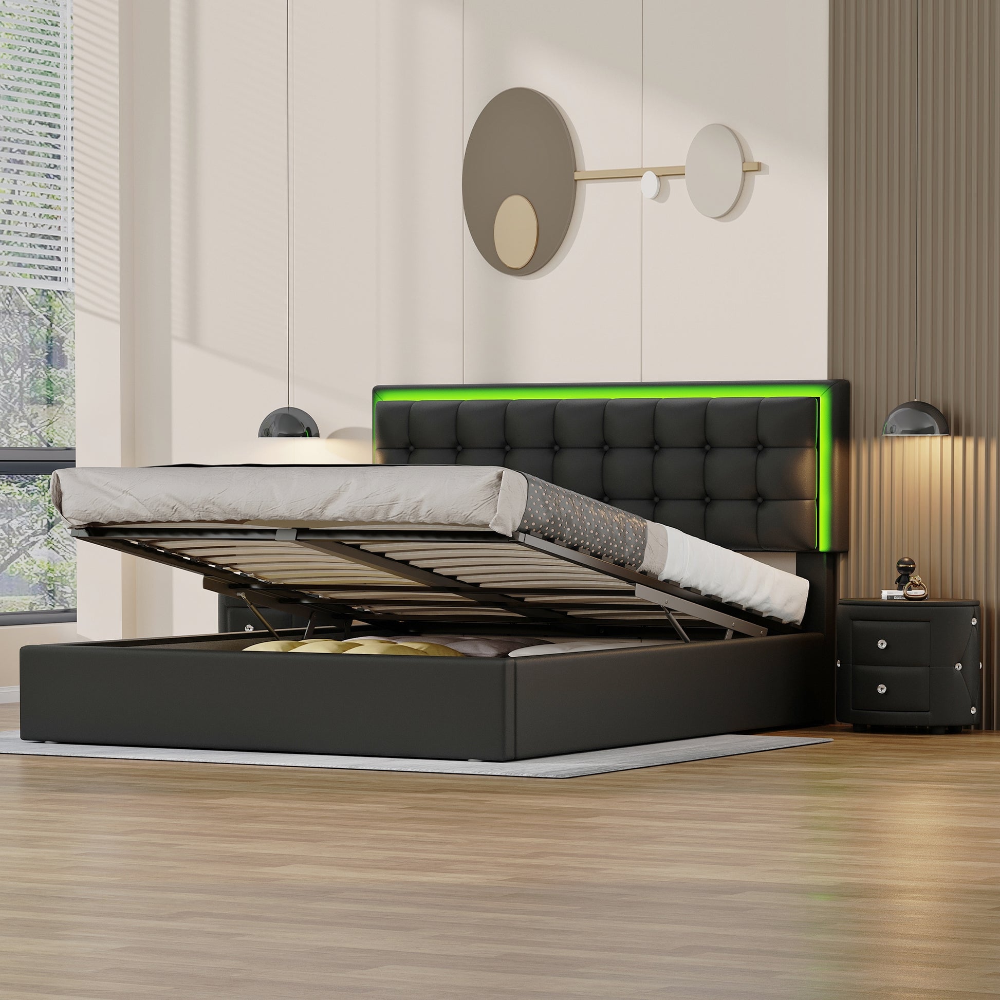 3 Pieces Bedroom Sets,Queen Size Upholstered Bed With Led Lights,Hydraulic Storage System, Two Nightstands With Crystal Decoration,Black Queen Black 3 Piece Set Wood