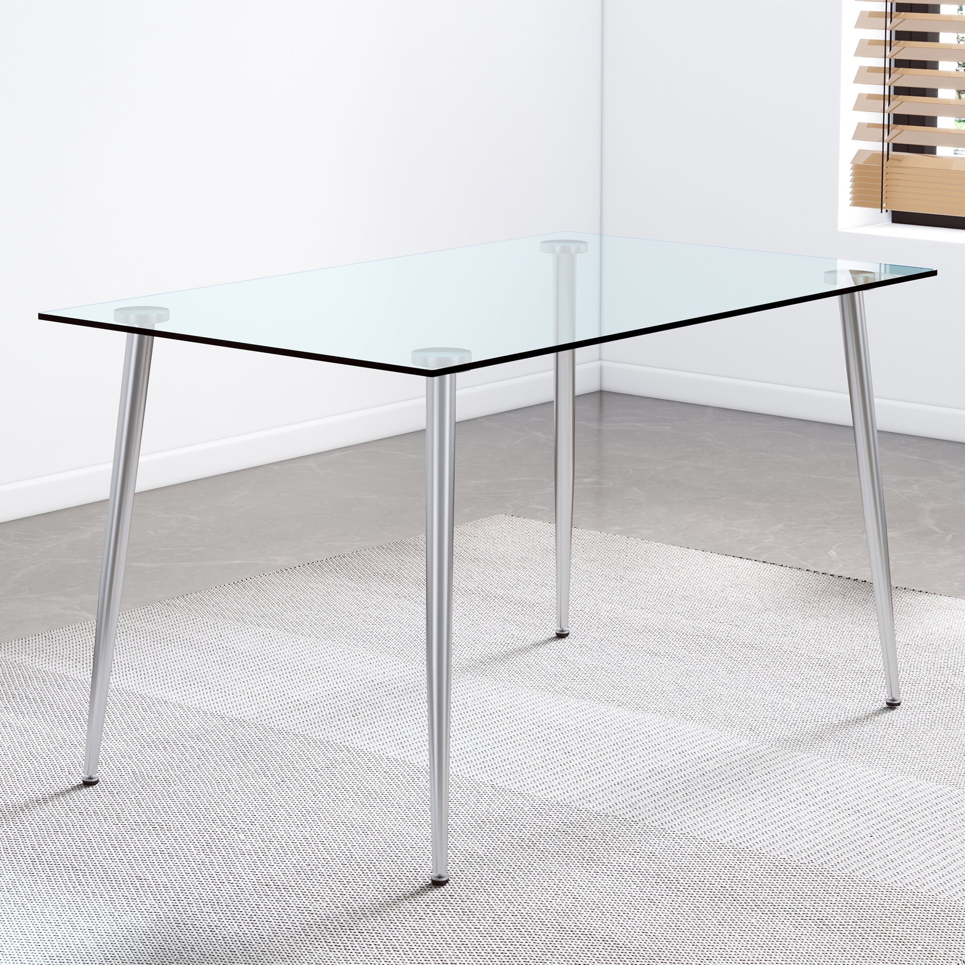 Table And Chair Set.Rectangular Dining Table With Tempered Glass Tabletop And Silver Plating Metal Legs.Paired With 6 Checkered Armless High Back Light Gray Chairs With Electroplated Metal Legs. Transparent Seats 6 Glass Metal