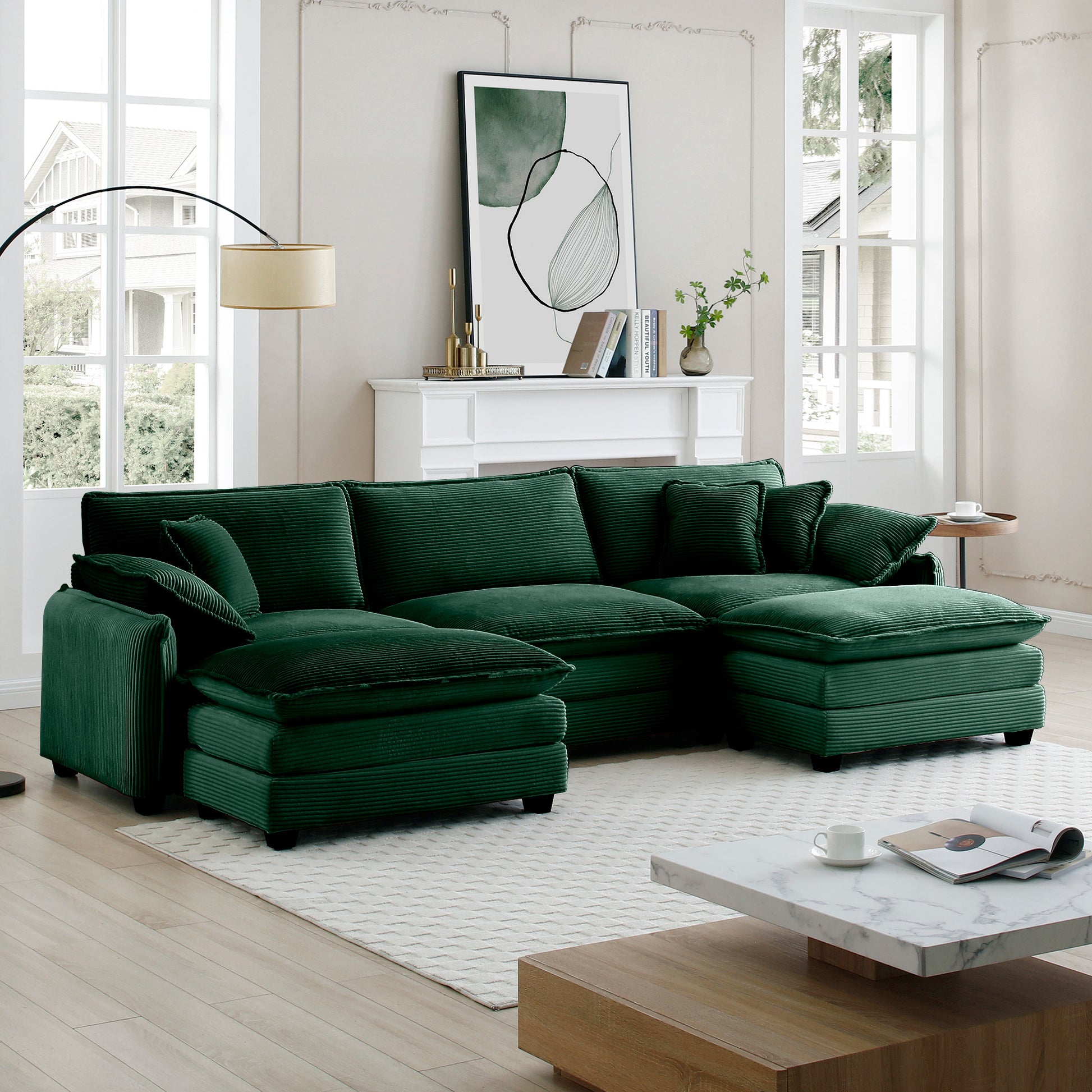 Oversized Modular Cushioned Sofa With Conversible Ottoman, 3 Seater Sofa With 2 Footstools, U Shape Sofa Ingreen Corduroy Fabric Green Corduroy 3 Seat