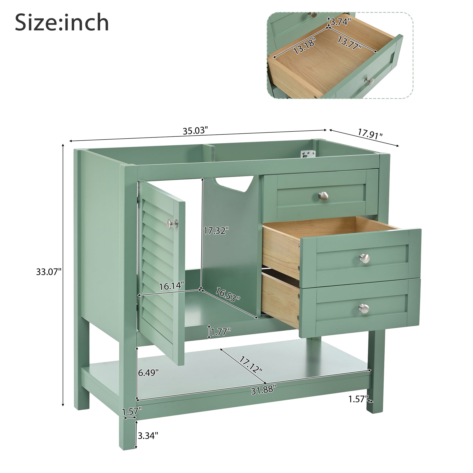 36'' Bathroom Vanity Without Sink, Free Standing Vanity Set With 2 Drawers& Soft Closing Doors, Bathroom Storage Cabinet With Solid Wood Feet, Green Not Include Basin Sink Green 1 1 Adjustable Hinges Bathroom Freestanding Modern Solid Wood Mdf Painted