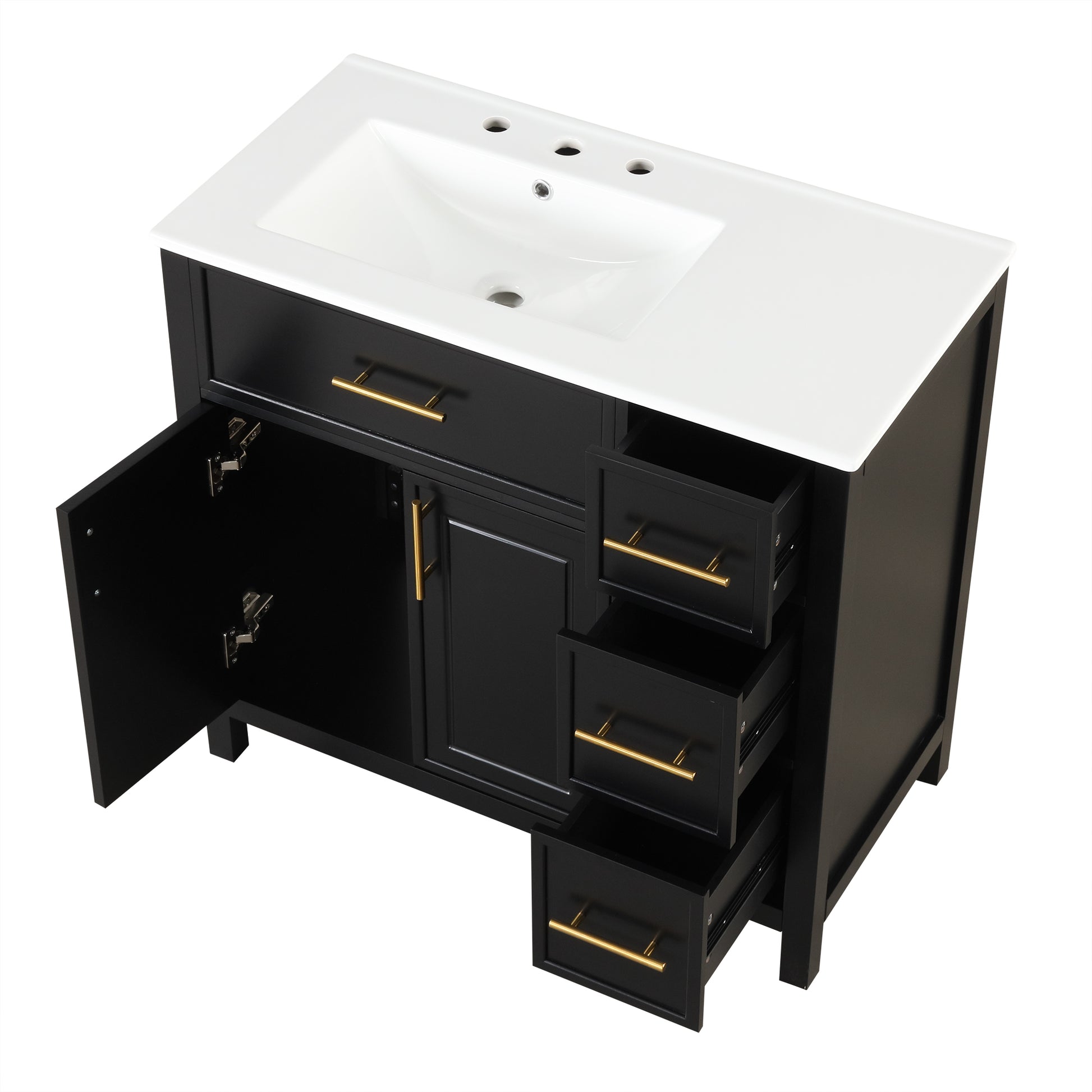 36" Bathroom Vanity With Sink Top, Bathroom Vanity Cabinet With Two Doors And Three Drawers, Solid Woodmdf Boards ,One Package, Black Black Solid Wood Mdf
