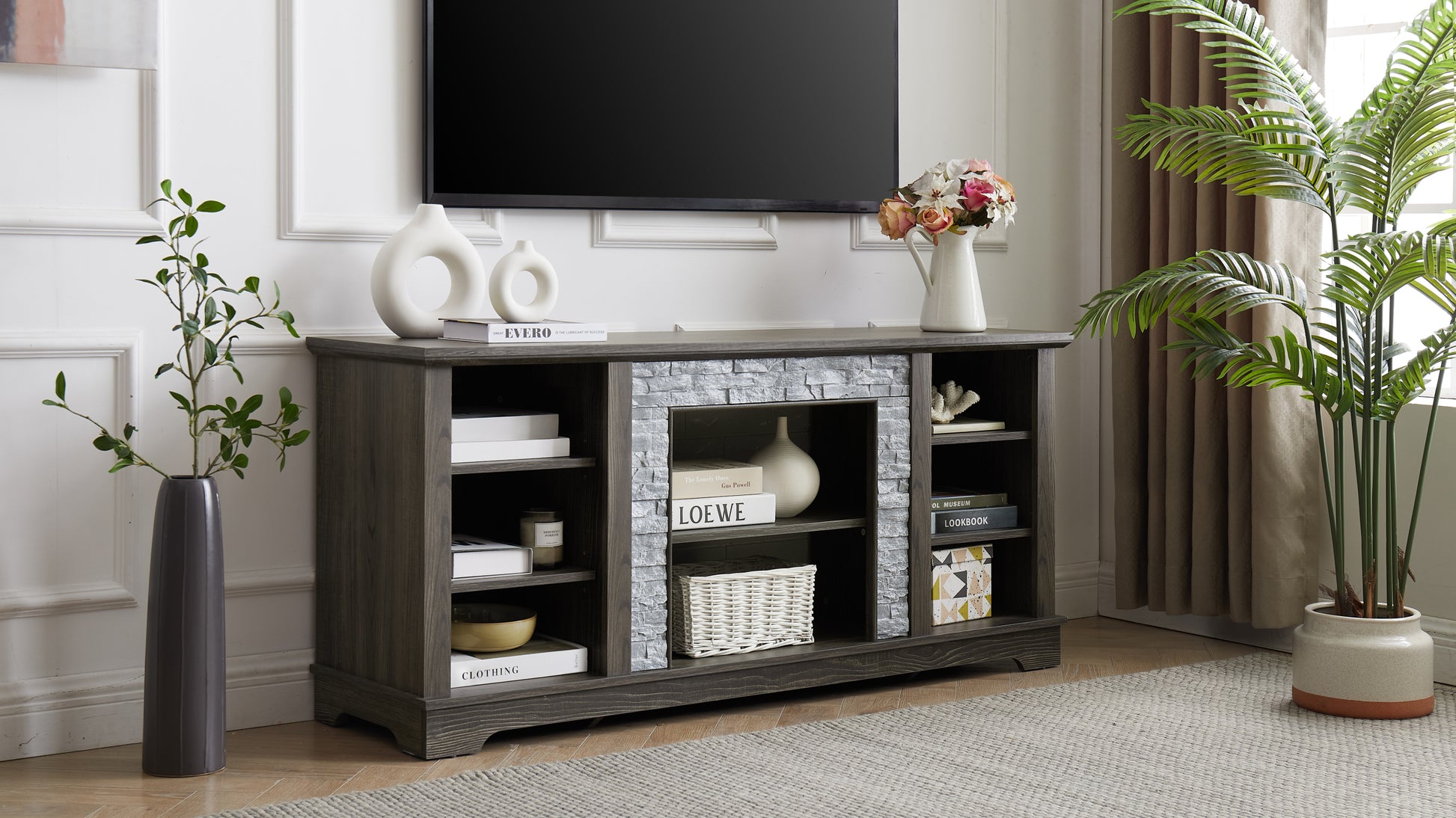 Mantel Stone Tv Media Stand With With Faux Stacked Stone Surround, Modern Entertainment Console With Open Storage Space,Grey, 58.31"W*15.39"D*26.06"H Grey 60 69 Inches Mdf