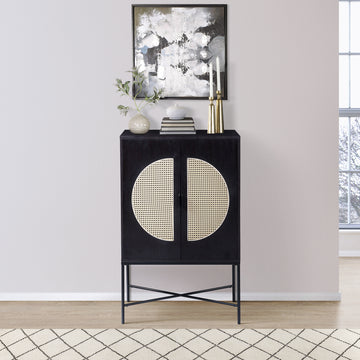 Black 2 Door Wine Cabinet With Rattan Insert Black Kitchen Modern Wood Metal