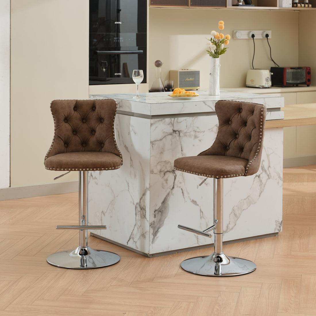 Swivel Pu Leather Barstools Adjusatble Seat Height From 25 33 Inch, Chrome Base Bar Stools With Backs Comfortable Tufted For Home Pub And Kitchen Island, Beige,Set Of 2,1512Br Brown Dining Room American Design Bar Stools Wing Back Set Of 2 Foam Pu