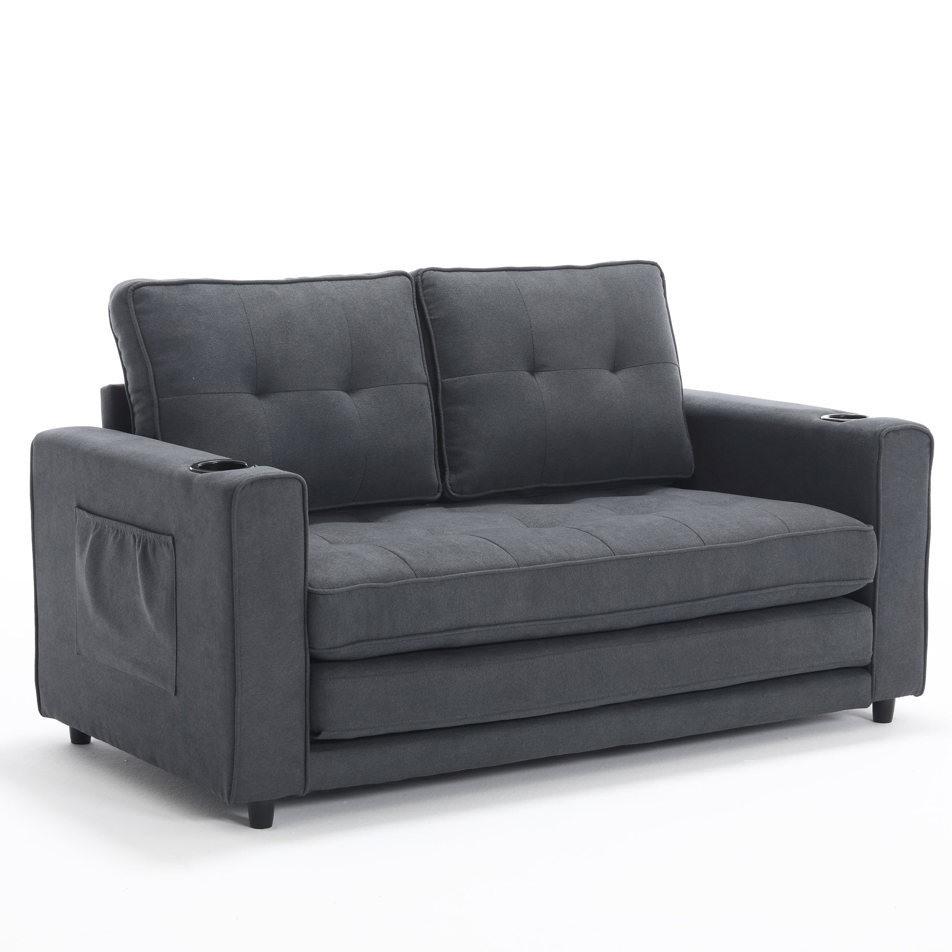 3 In 1 Upholstered Futon Sofa Convertible Sofa Bed,Foldable Tufted Loveseat With Pull Out Sleeper Couch Bed,Folding Mattres Beautiful Seat Daybed W Side Pockets And Cup Holder, Dark Gray Dark Gray Foam Fabric