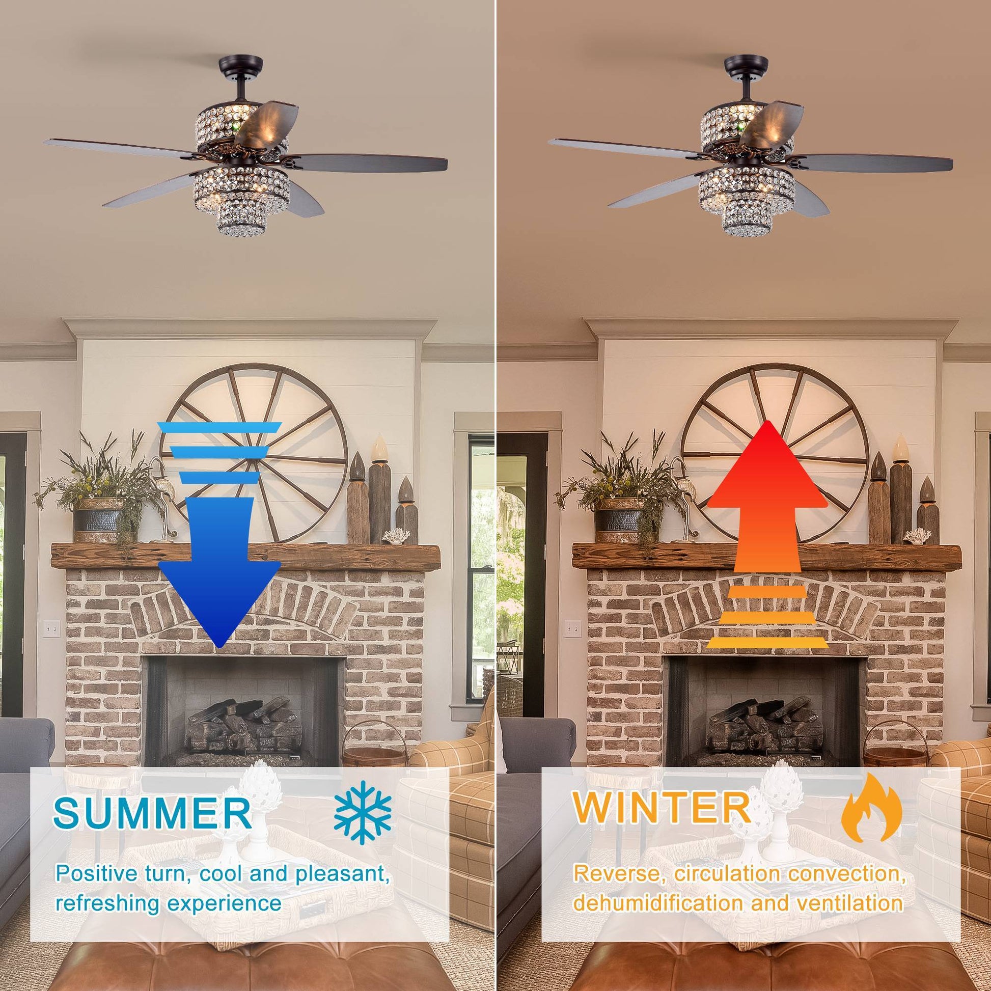 52 In Farmhouse Dual Crystal Shade 5 Blade Reversible Ceiling Fan With Light Kit And Remote 3 Speed High, Mid, Low No Include Bulb Matte Black American Design,American Traditional,Antique,Farmhouse,Industrial Plywood Metal