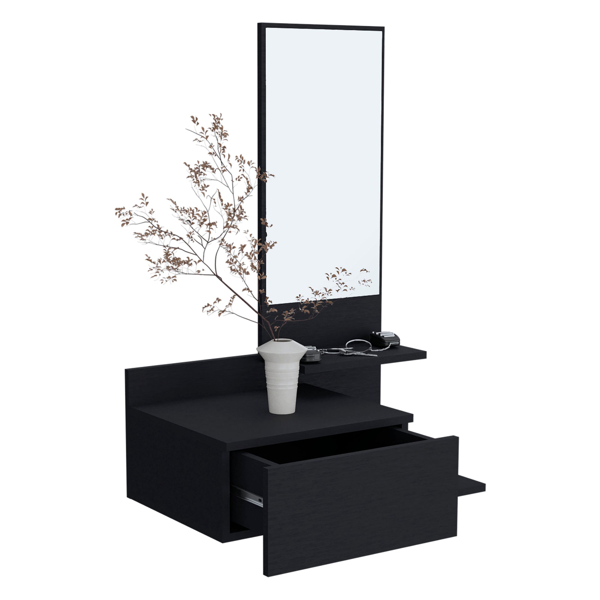 Vienna 23.6" Wide 3 Tier Shelf Floating Mirror Console Table, Full Extension Drawer Black Black Particle Board