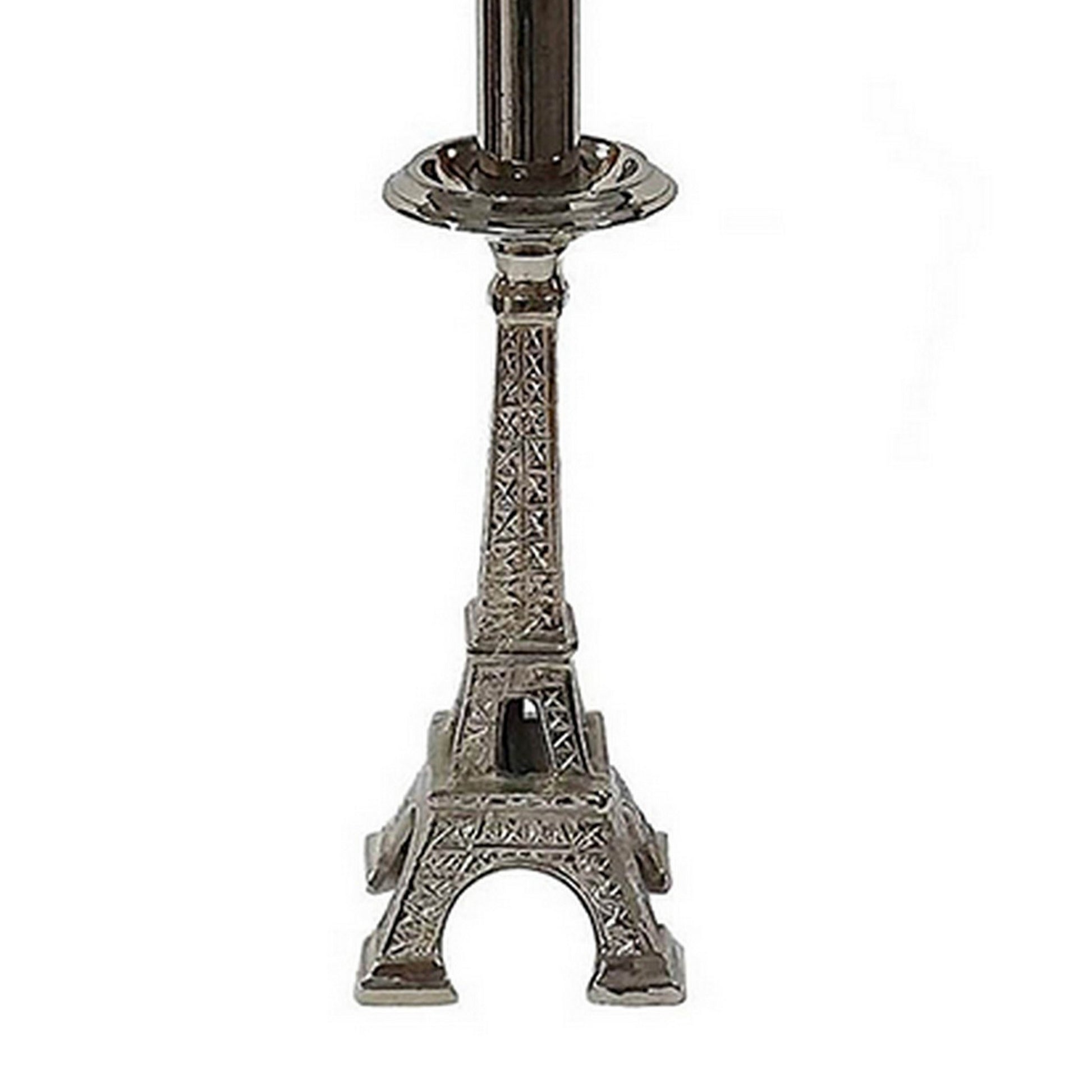 14 Inch Table Lamp, Metal Trimmed Shade, Nickel Finish, Eiffel Tower Base Black And Silver Aluminium