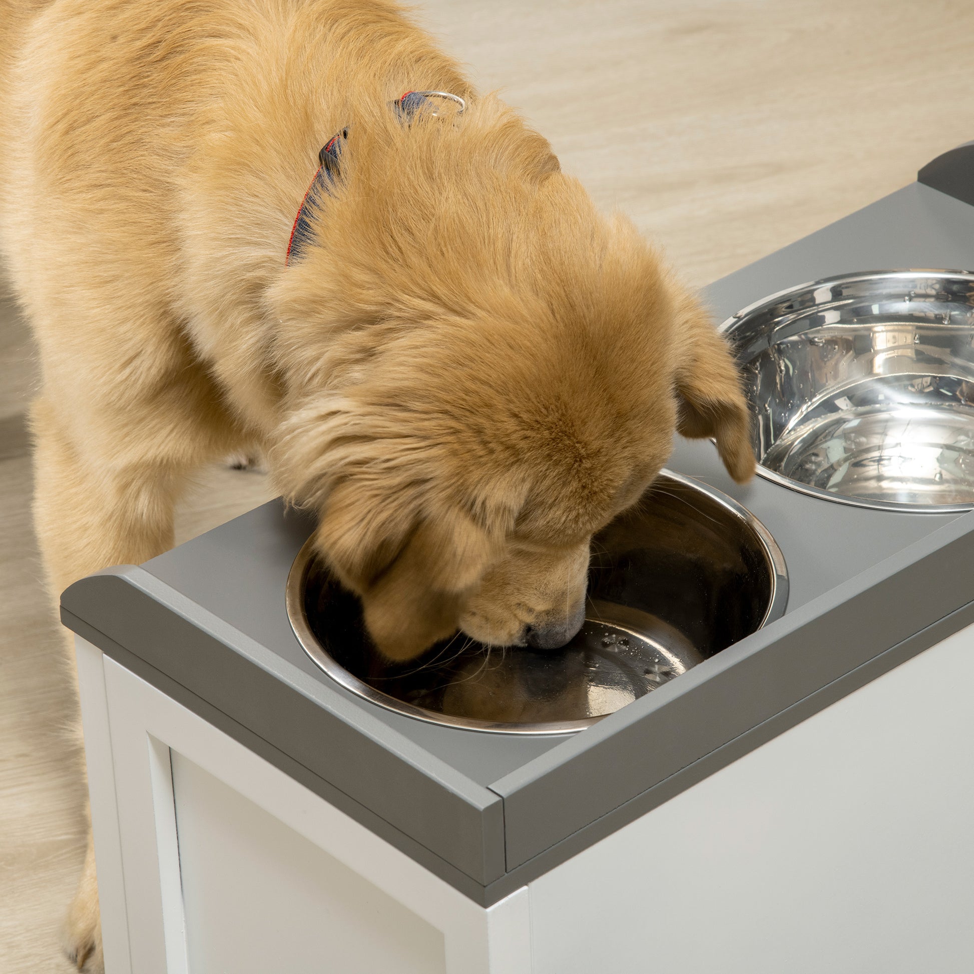 Pawhut Dog Feeding Station With Storage Drawer, Dog Food Storage Cabinet With 2 Removable Elevated Dog Bowls For Large Sized Dogs, White White Mdf