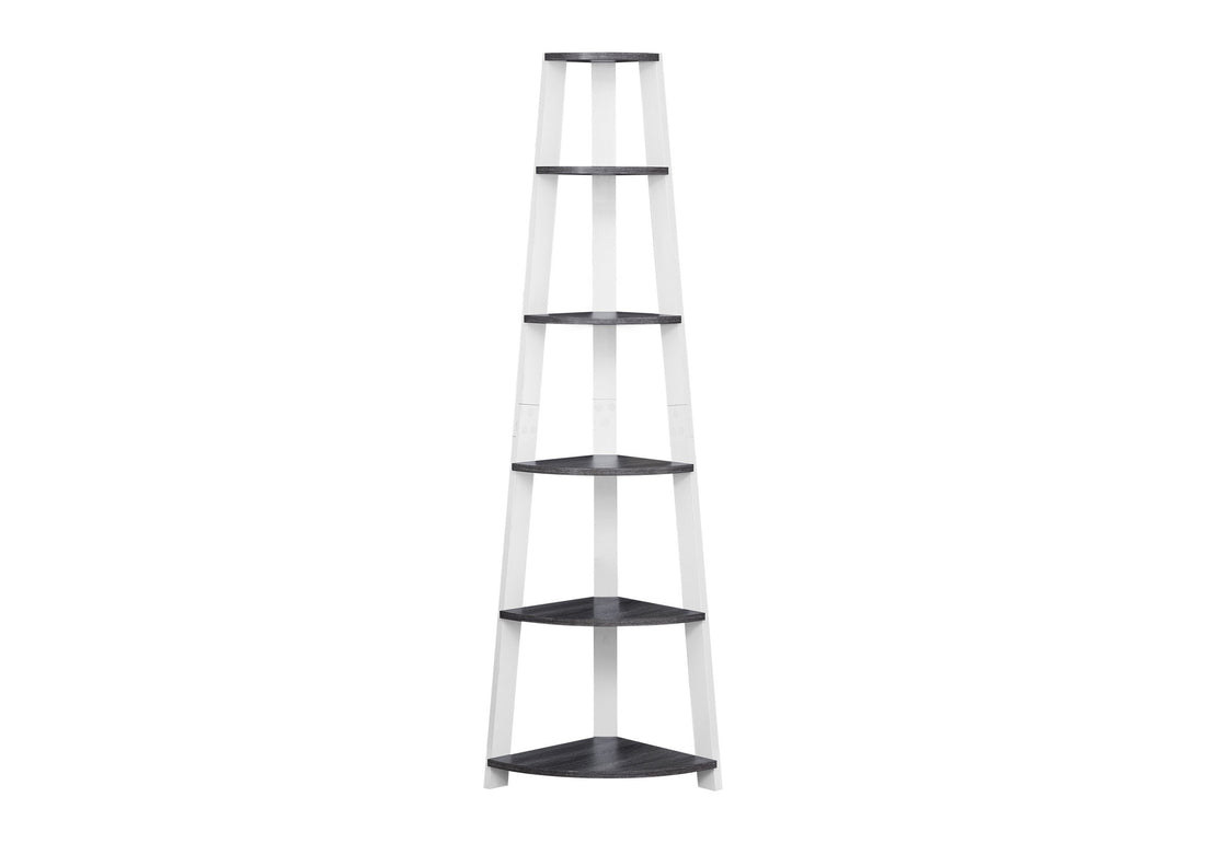 Bookshelf, Bookcase, Etagere, Corner, 5 Tier, 72"H, Office, Bedroom, Grey And White Laminate, Contemporary, Modern Grey Particle Board