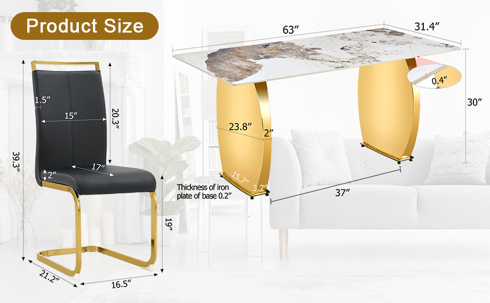 Table And Chair Set, Rock Plate Table Top, Gold Metal Table Legs, Stable And Beautiful, Suitable For Most Home Styles. Modern Simple Dining Table, Comfortable Seating. Black Gold Seats 6 Sintered Stone