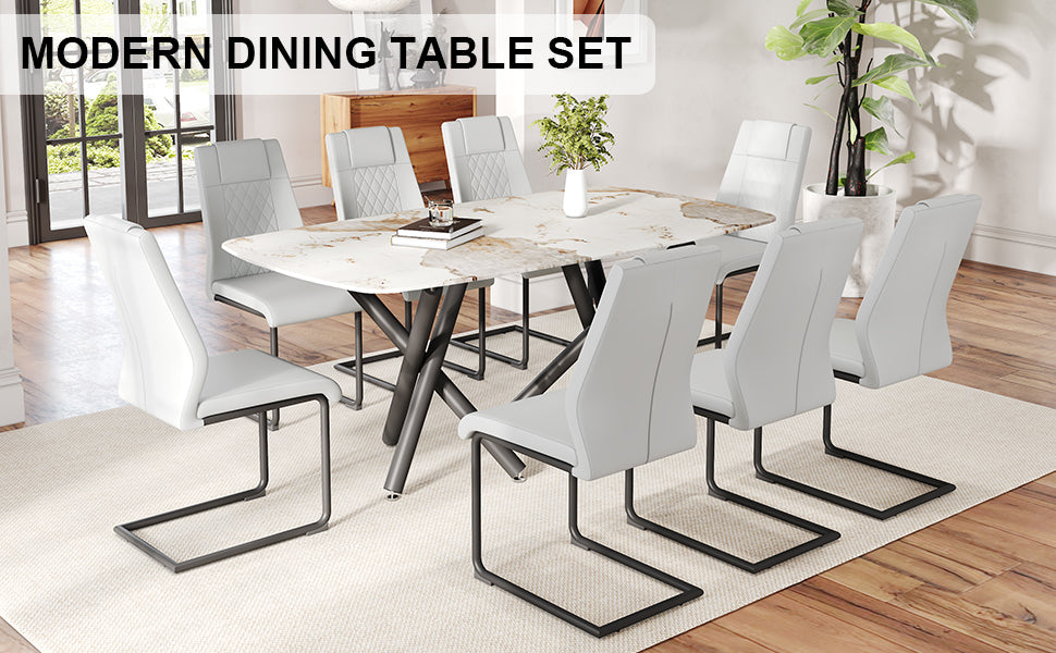 1 Table And 8 Chairs Set.A Rectangular Dining Table With A 0.39 Inch Imitation Marble Tabletop And Black Metal Legs.Paired With 8 Chairs With Pu Leather Seat Cushion And Black Metal Legs.F 1538,C 001 Black Glass Metal