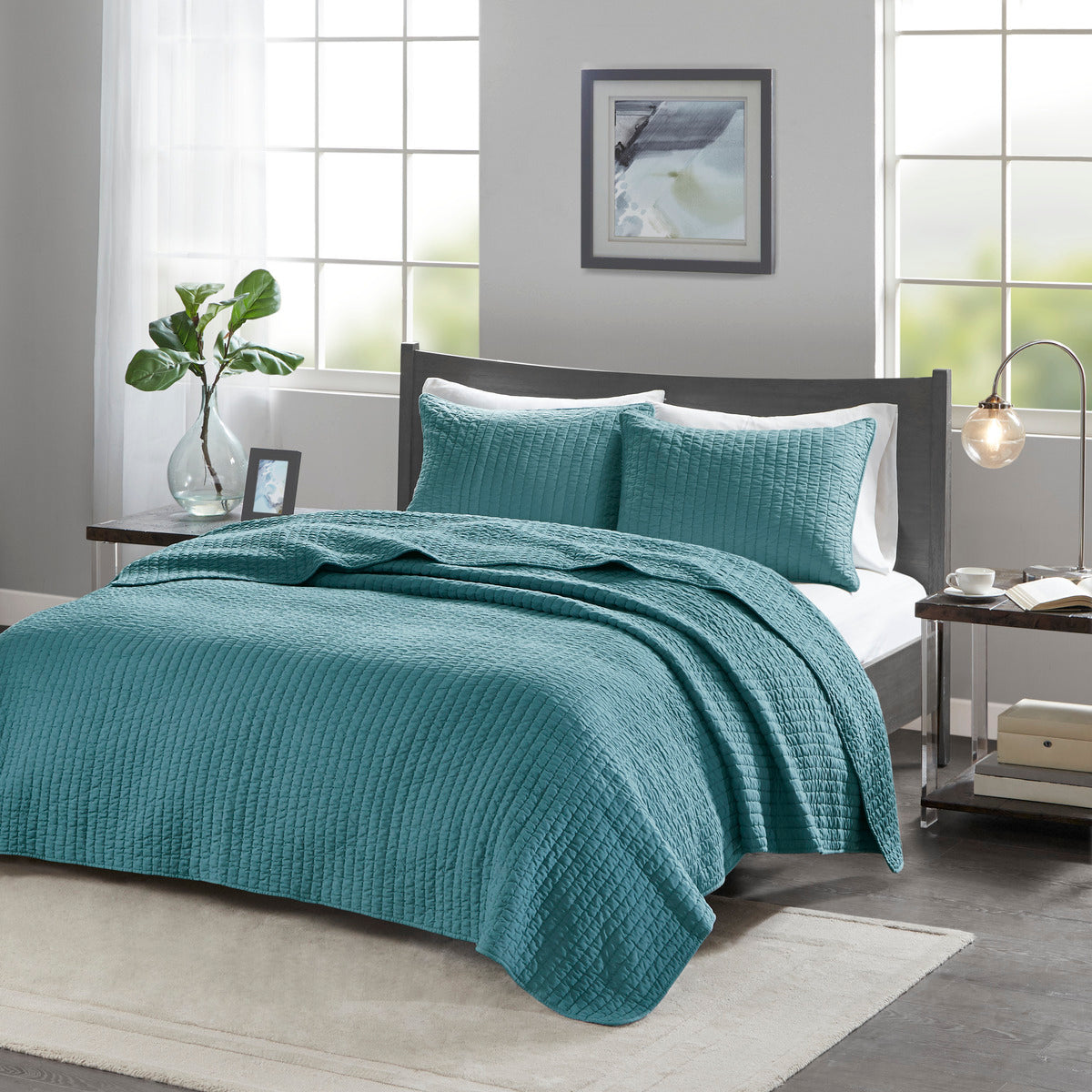 3 Piece Quilt Set Teal King Cal King King Teal Microfiber