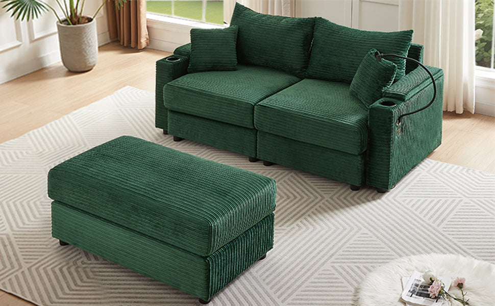 72.8" Modern Style Loveseat Sofa Sectional Sofa Couch With Storage Space, A Movable Ottoman, Two Usb Ports, Two Cup Holders, A Phone Holder For Living Room, Green Green Foam Corduroy 3 Seat