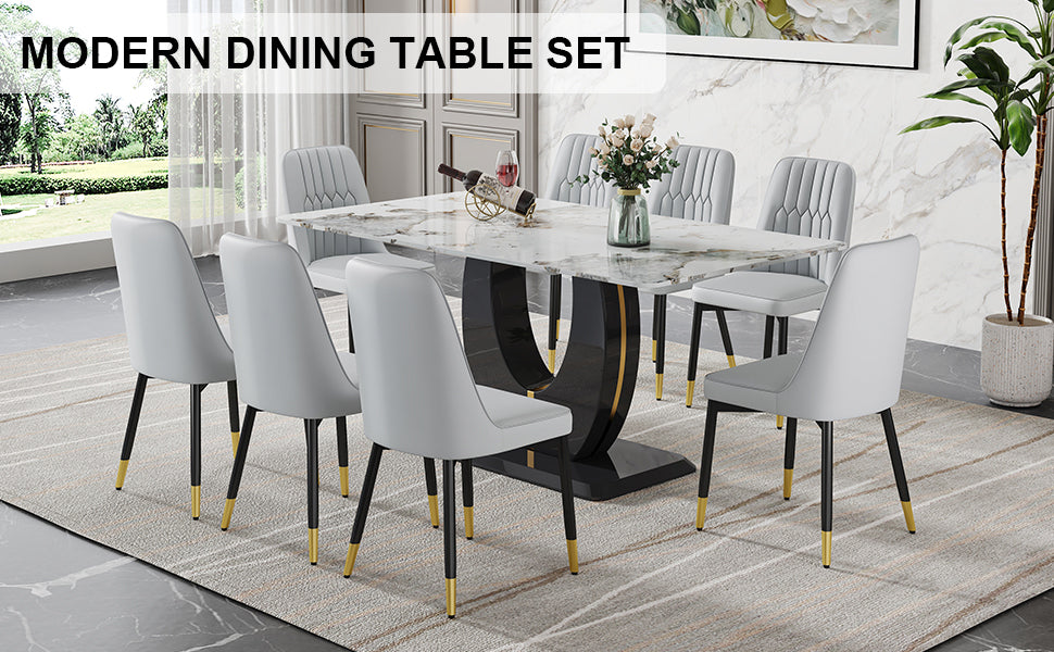 Table And Chair Set, Modern Dining Table, Patterned Table Top And Black Mdf Leg Table, Soft And Comfortable Dining Chair, Perfect For Dinner, Meetings, Home And Office Decor Grey Black Mdf Glass