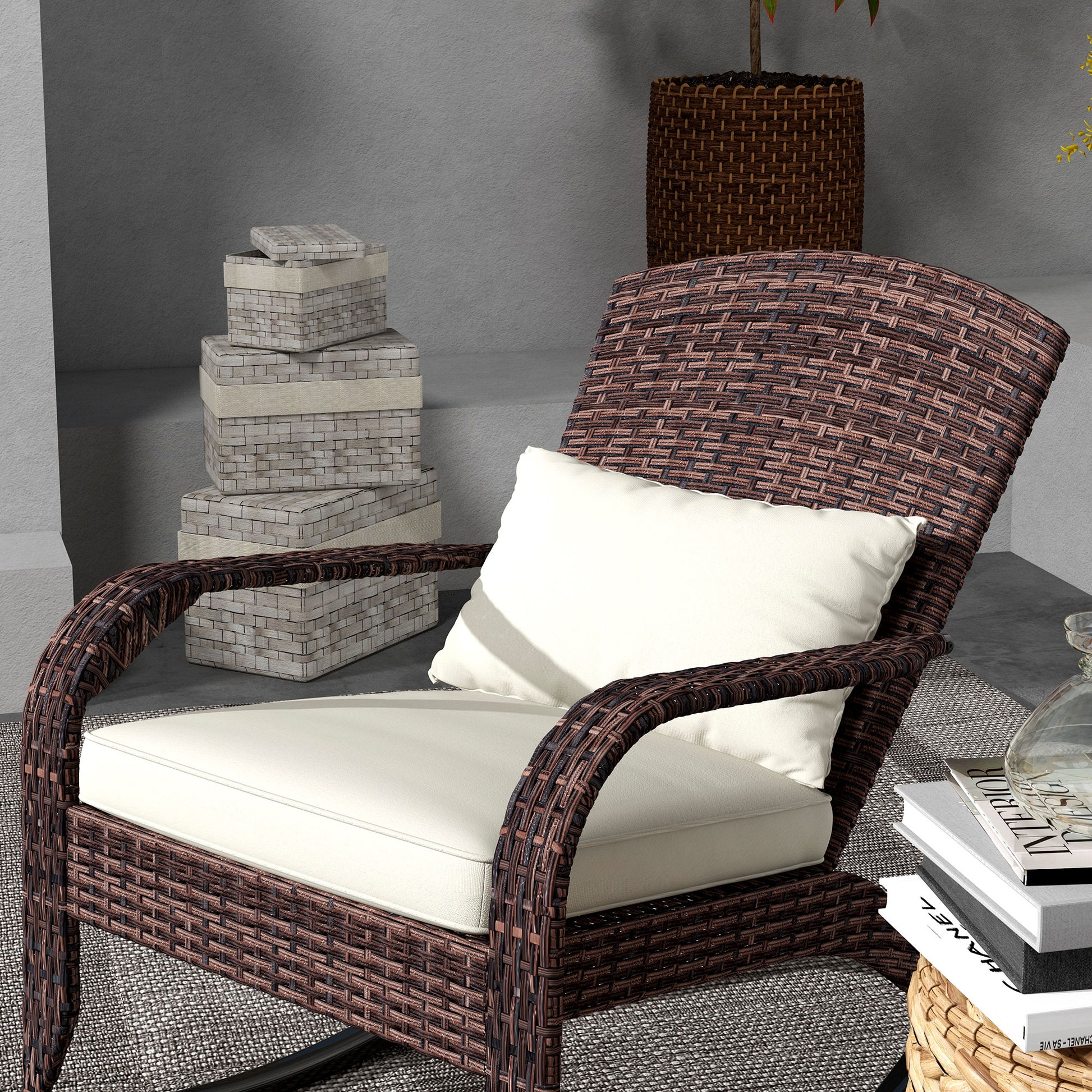 Outsunny Outdoor Wicker Adirondack Rocking Chair, Patio Rattan Rocker Chair With High Back, Seat Cushion, And Pillow For Garden, Porch, Balcony, Cream White White Rattan