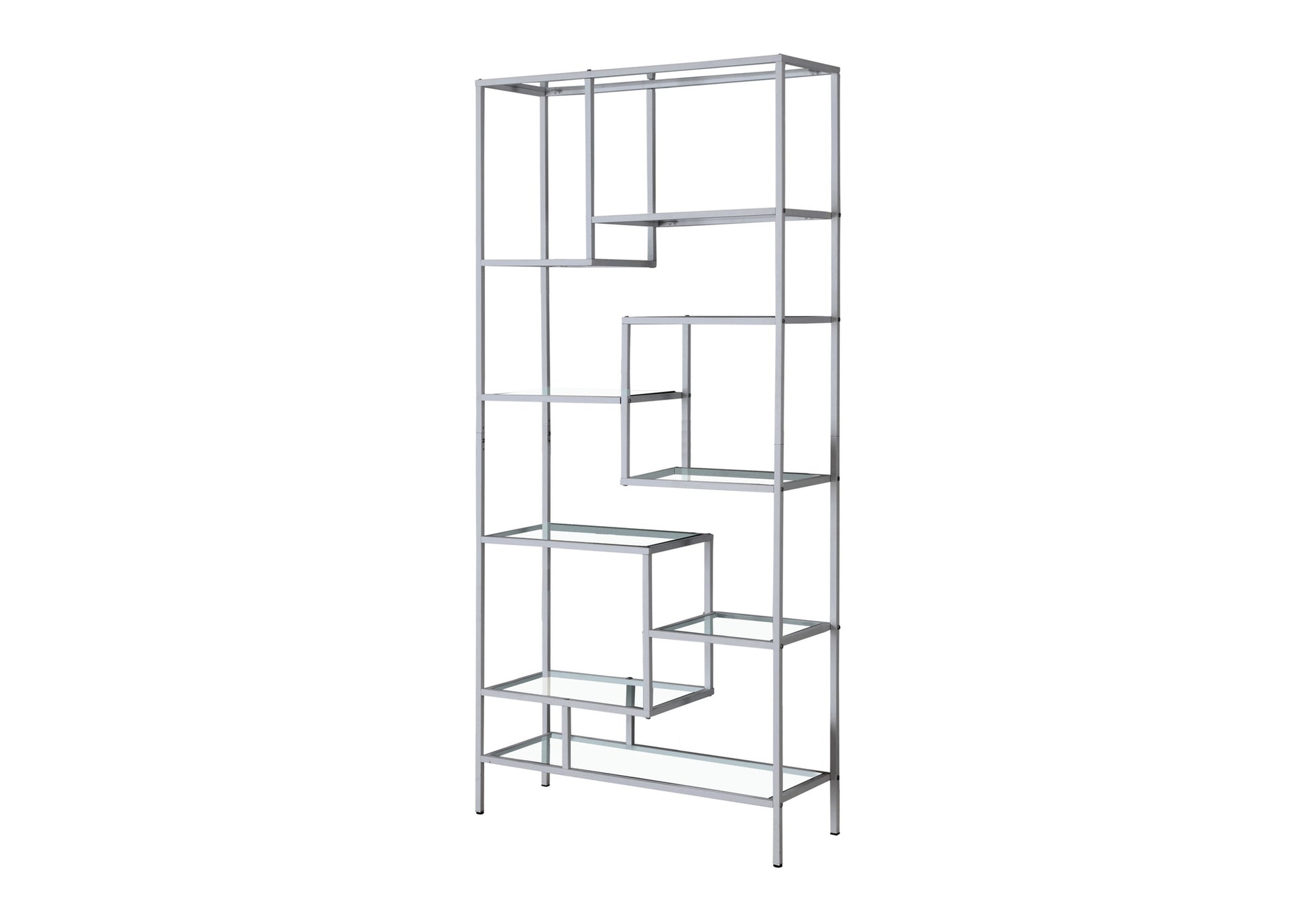 Bookshelf, Bookcase, Etagere, 72"H, Office, Bedroom, Clear Tempered Glass, Grey Metal, Contemporary, Modern Silver Tempered Glass