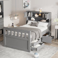 Twin Size Captain Platform Bed Frame With Storage Bookcases And Shelves,Four Drawers, Gray Twin Gray Solid Wood Mdf