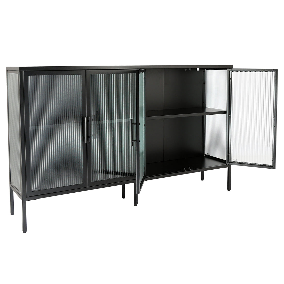 Stylish 4 Door Tempered Glass Cabinet With 4 Glass Doors Adjustable Shelf And Feet Anti Tip Dust Free Fluted Glass Kitchen Credenza Black Black Tempered Glass Sheet Metal Plastic