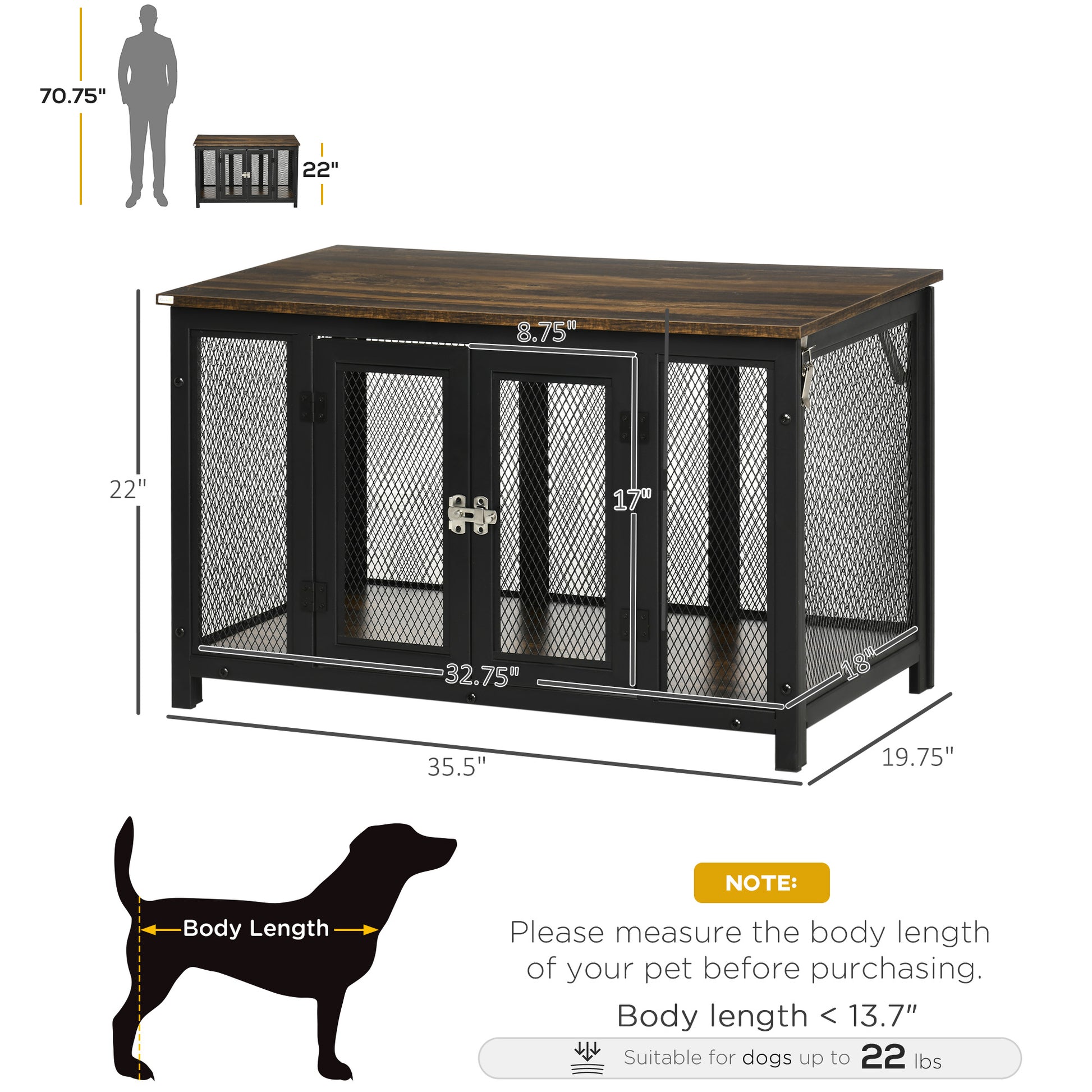 Pawhut Furniture Style Dog Crate With Openable Top, Big Dog Crate End Table, Puppy Crate For Small Dogs Indoor, Spacious Interior, Pet Kennel, Brown, Black Brown Steel