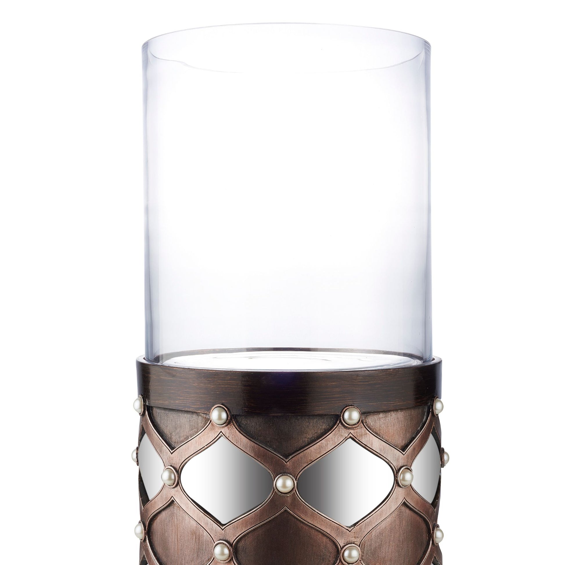 22" Tall Candleholder With Hurricane Glass, Arabesque Mirror Design Brown Polyresin