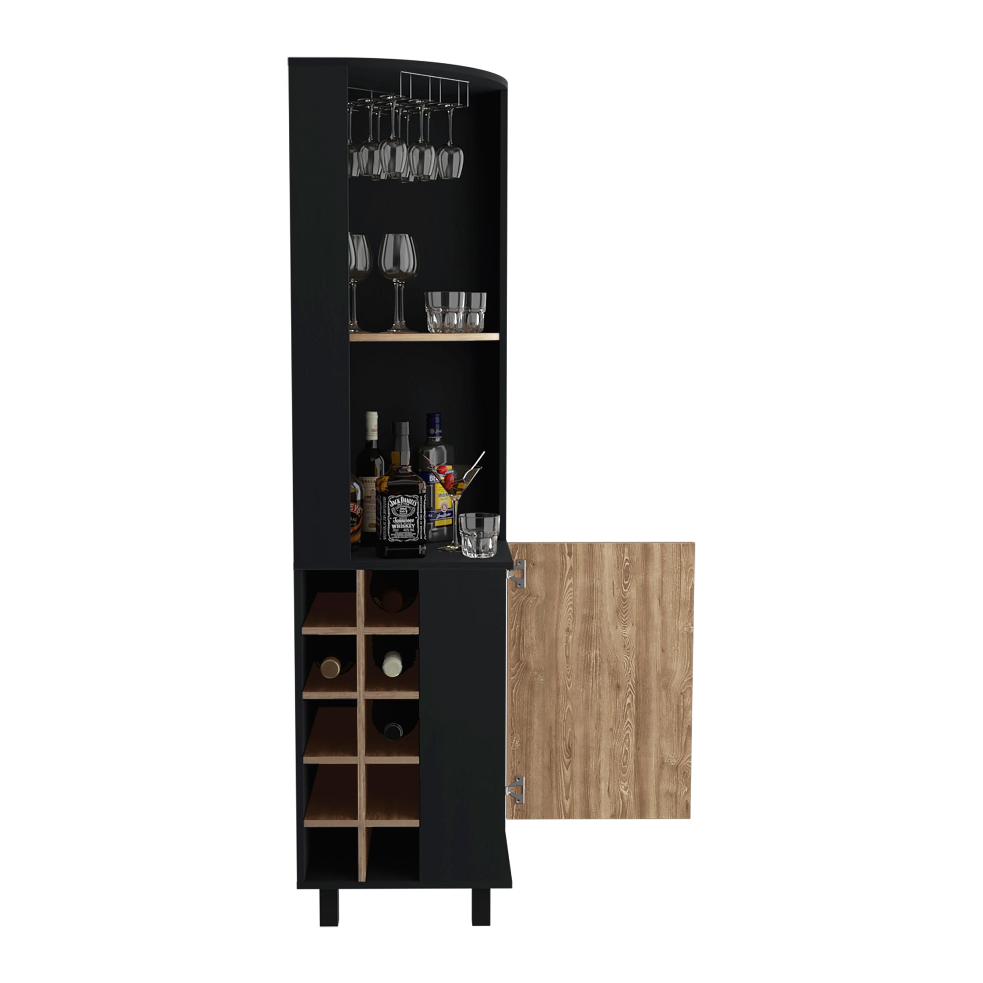 Kaia 70" Tall Corner Bar Cabinet With Four Shelves, Ten Wine Bottle Cubbies And Stemware In Black Pine Multi Primary Living Space Modern Shelves Included Particle Board