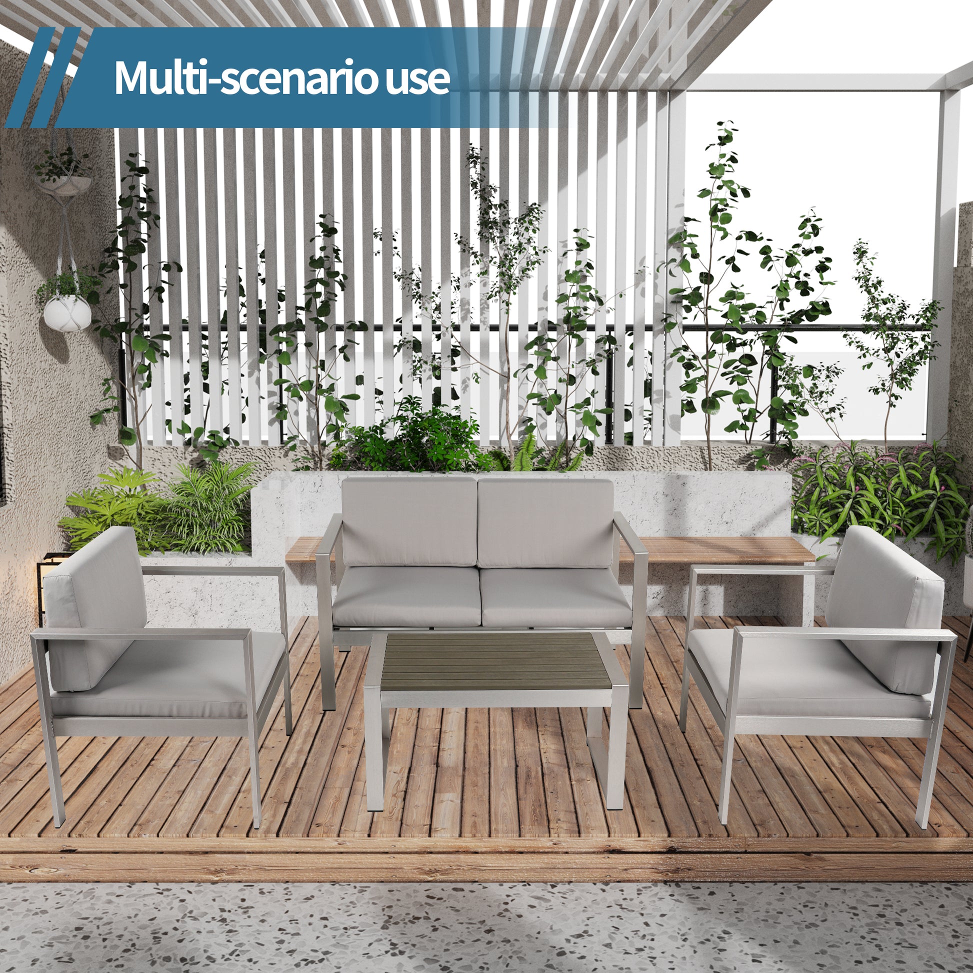 Aluminum Modern 4 Piece Sofa Seating Group For Patio Garden Outdoor Yes Complete Patio Set Gray Silver Mildew Resistant Frame Fade Resistant Cushion Garden & Outdoor Modern Complete Patio Sets Aluminium Aluminium