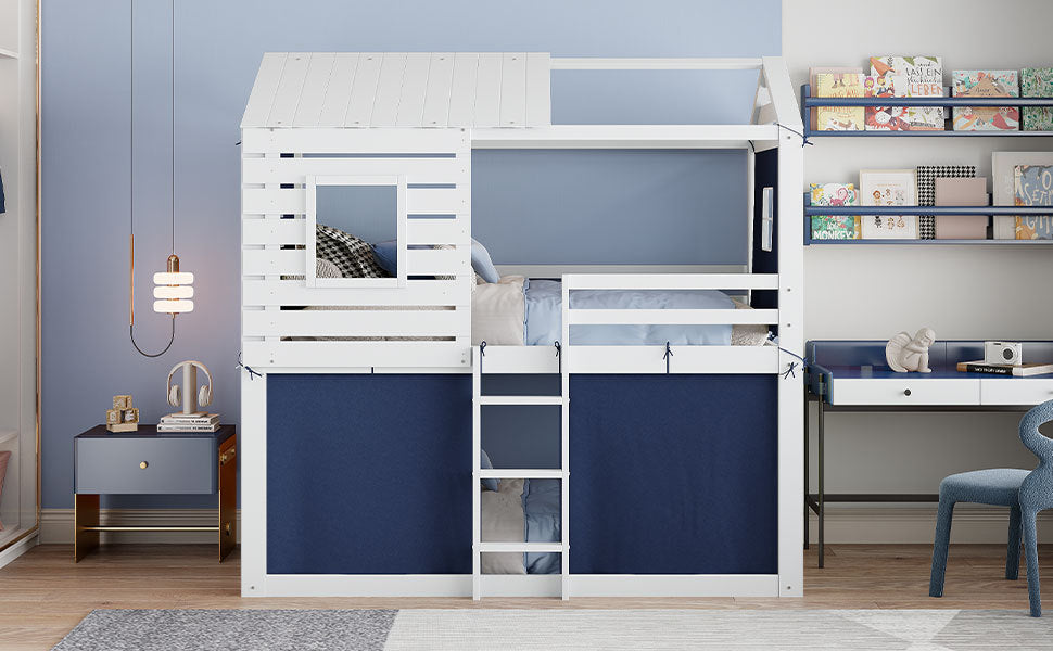 Twin Size Bunk Wood House Bed With Tent, Blue White Twin Blue Solid Wood Mdf