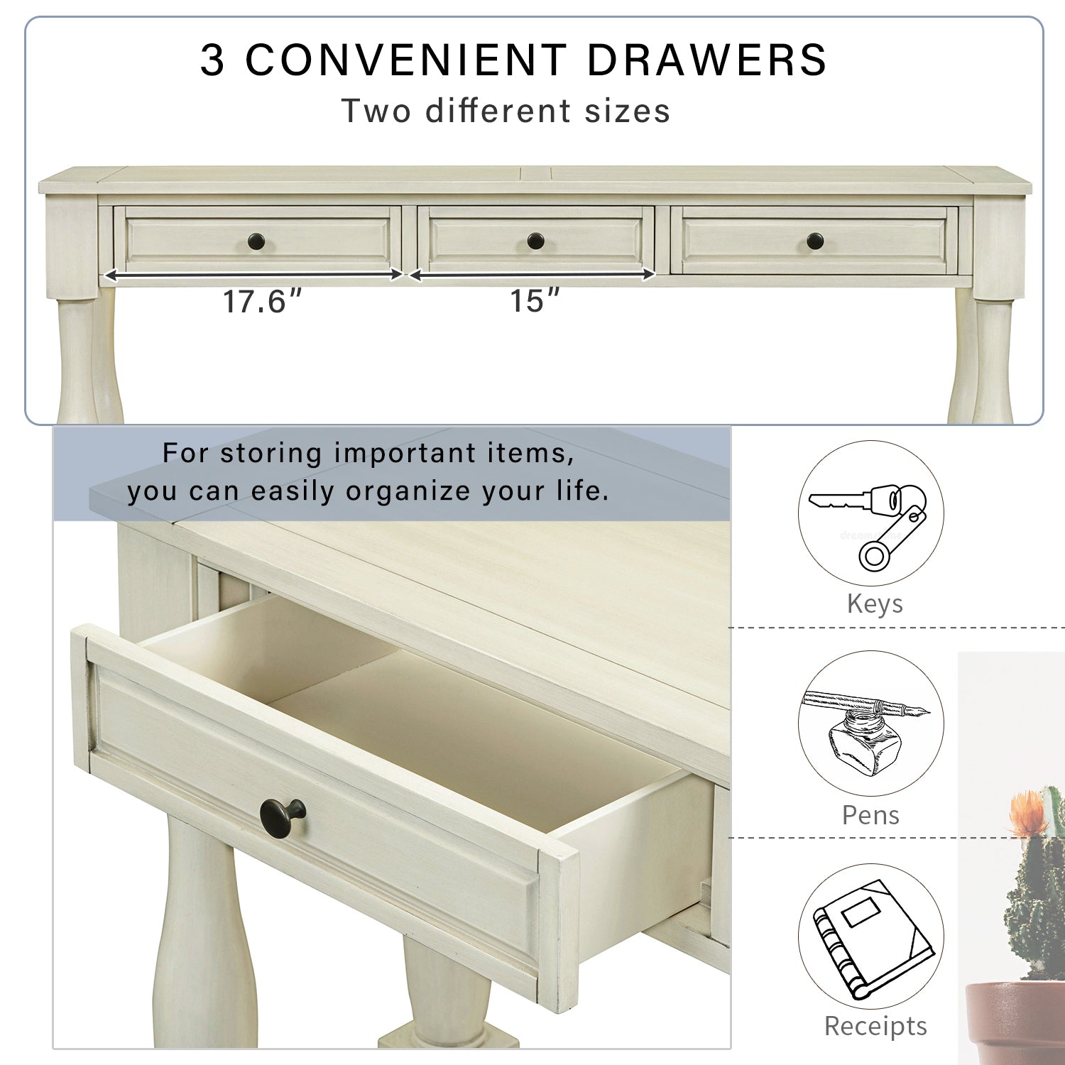 Console Table 63" Long Console Table With Drawers And Shelf For Entryway, Hallway, Living Room Antique White, Old Sku: Wf193795Aak Antique White Solid Wood