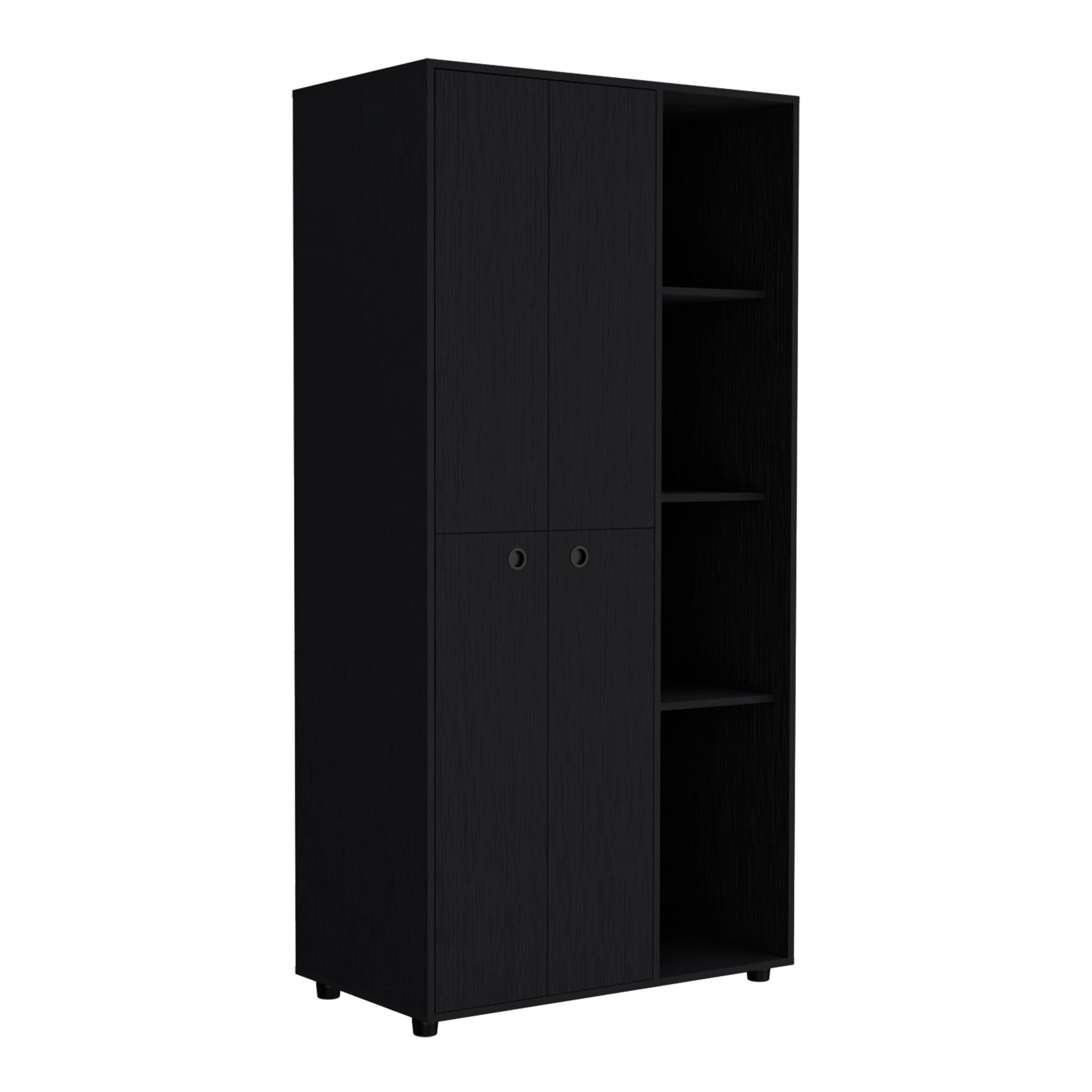 Misuri Wardrobe Armoire With Double Door, Drawer, Hanging Rodss, And Open Shelves Black Black Bedroom Particle Board