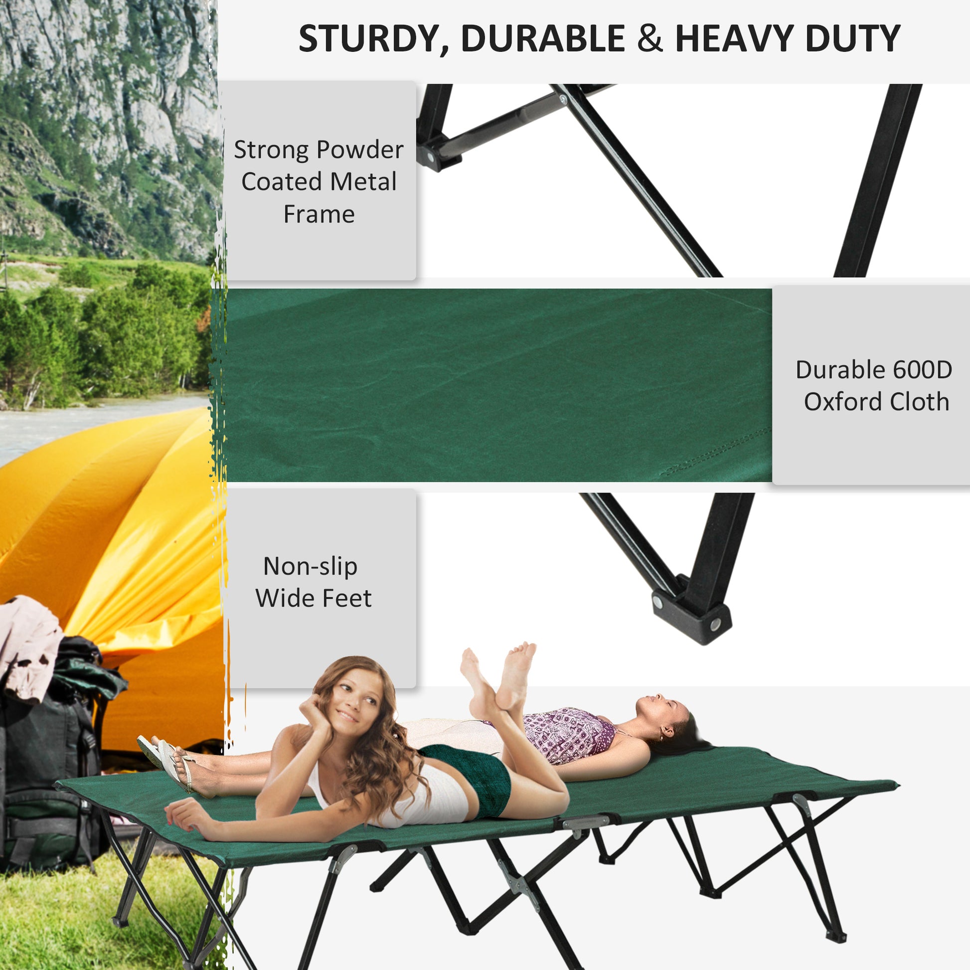 Outsunny 2 Person Folding Camping Cot For Adults, 50" Extra Wide Outdoor Portable Sleeping Cot With Carry Bag, Elevated Camping Bed, Beach Hiking, Green Green Steel