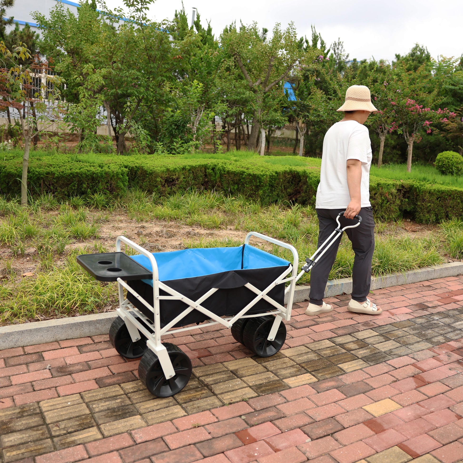 Folding Wagon Garden Shopping Beach Cart White White Black Blue Iron,Oxford Fabric