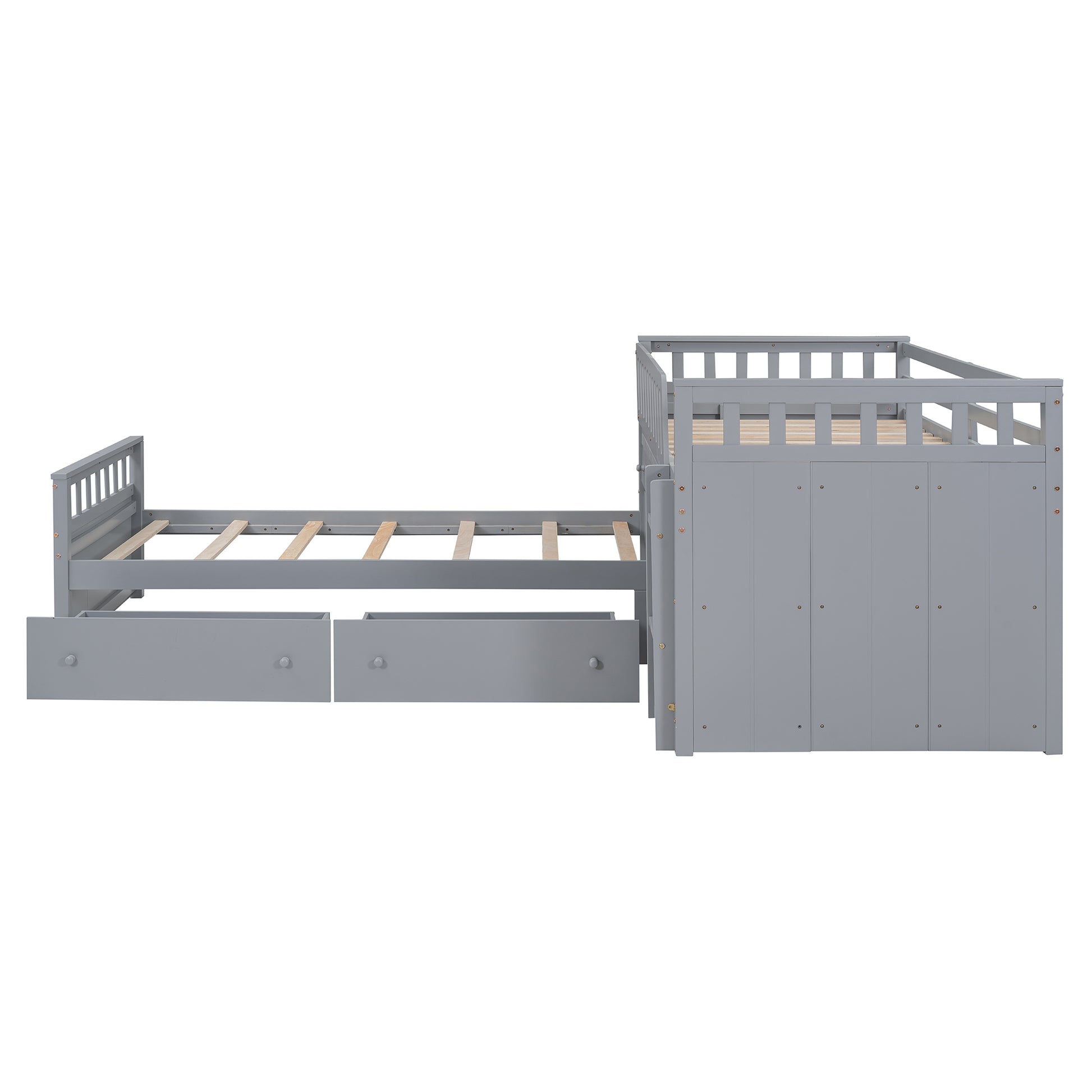 L Shaped Space Saving Twin Loft And Twin Platform Bed With 7 Drawers And Full Guardrails Gray Twin Gray Solid Wood