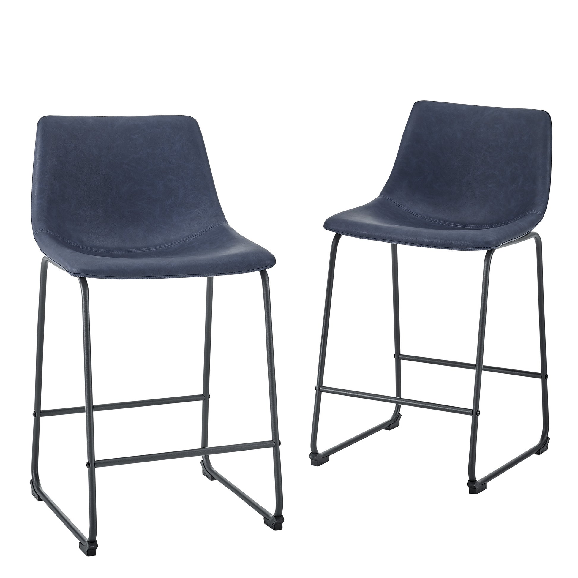 Industrial Faux Leather Counter Stools, Set Of 2 Blue Navy Polyurethane Foam Pu Leather