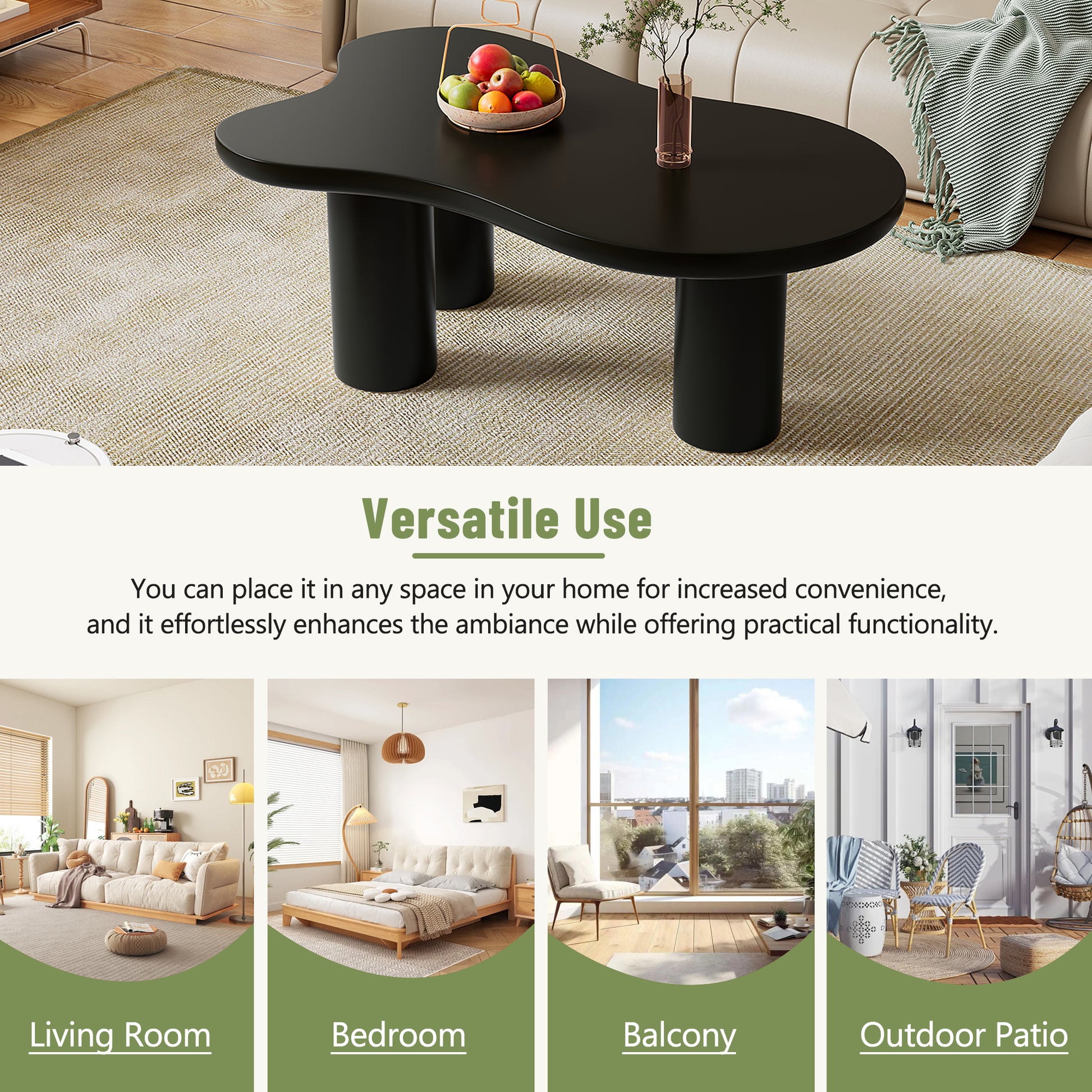 44'' X 25.9'' Easy Assembly Cloud Coffee Table With 1.5'' Thick Tabletop, Cream Style Irregular End Table With 3 Sturdy Legs, Sleek Center Table With Round Edge For Living Room, Black Black Mdf
